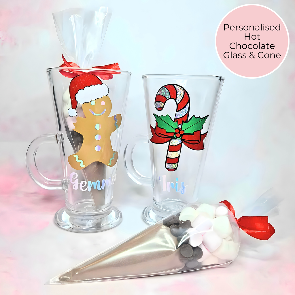 Personalised Christmas Drink Glass Gift, Glass With Hot Chocolate Cone / Chocolate Bomb, Secret Santa Gift