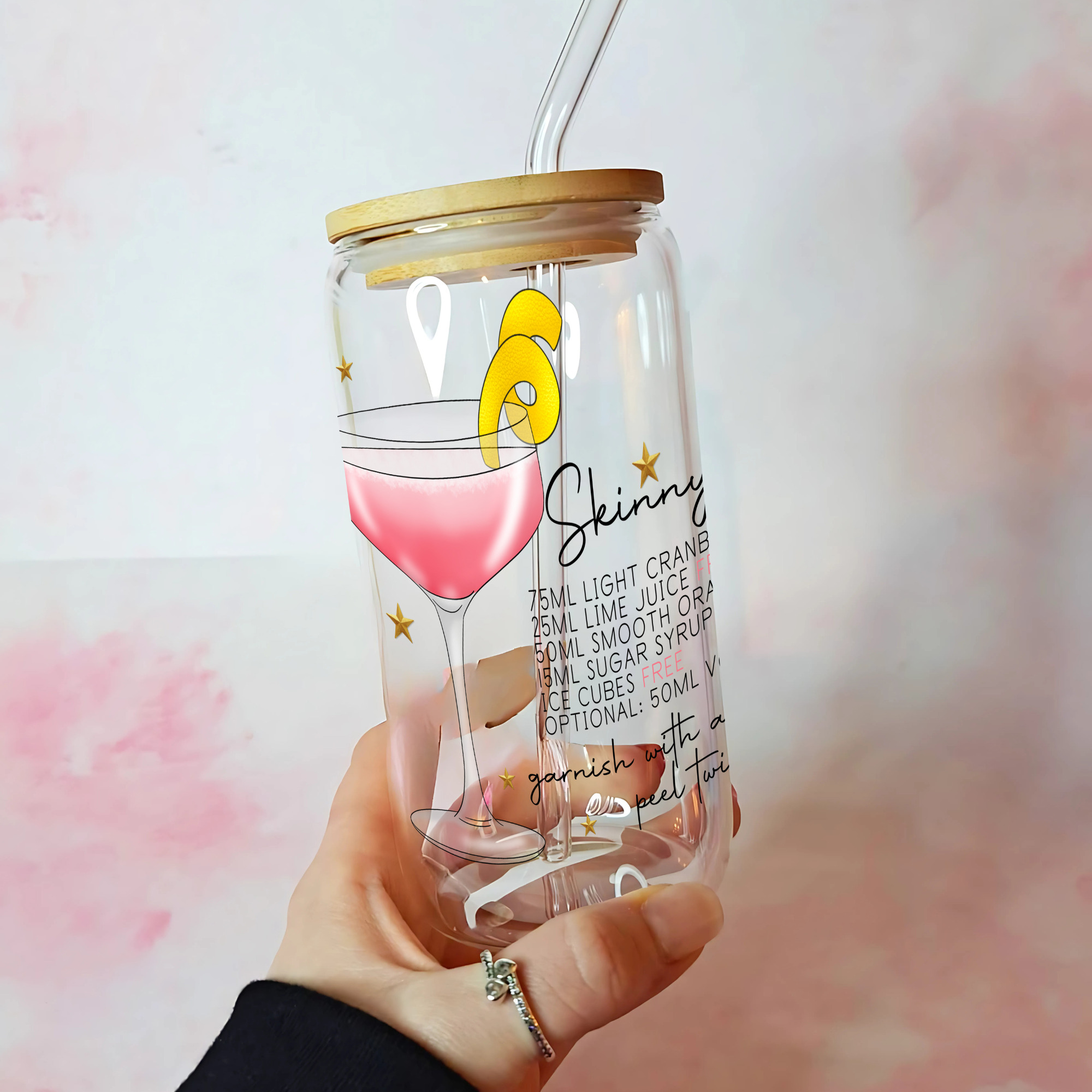 16oz Skinny Cosmopolitan Cocktail Recipe Glass with Bamboo Lid & Straw, Gift For Mum, Sister, Daughter