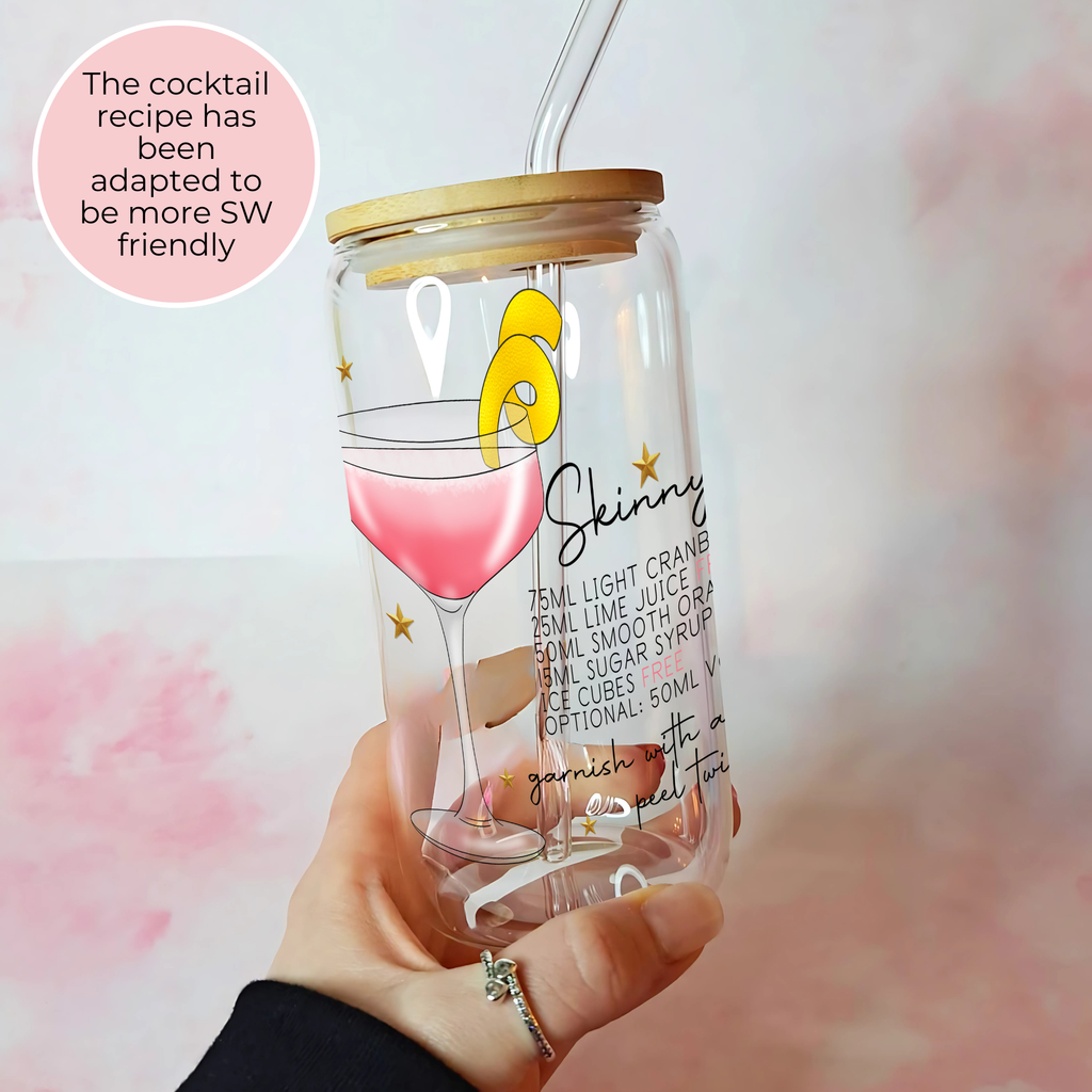 16oz Skinny Cosmopolitan Cocktail Recipe Glass with Bamboo Lid & Straw, Gift For Mum, Sister, Daughter