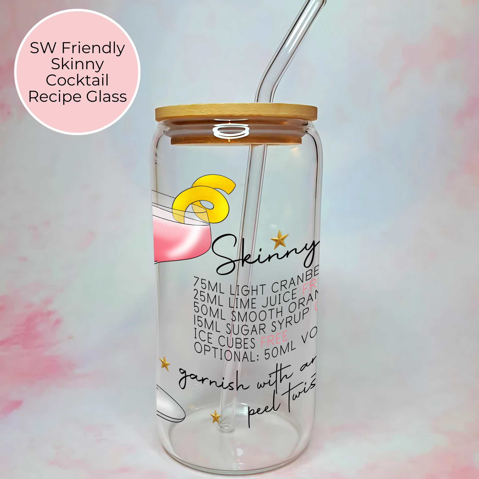 16oz Skinny Cosmopolitan Cocktail Recipe Glass with Bamboo Lid & Straw, Gift For Mum, Sister, Daughter