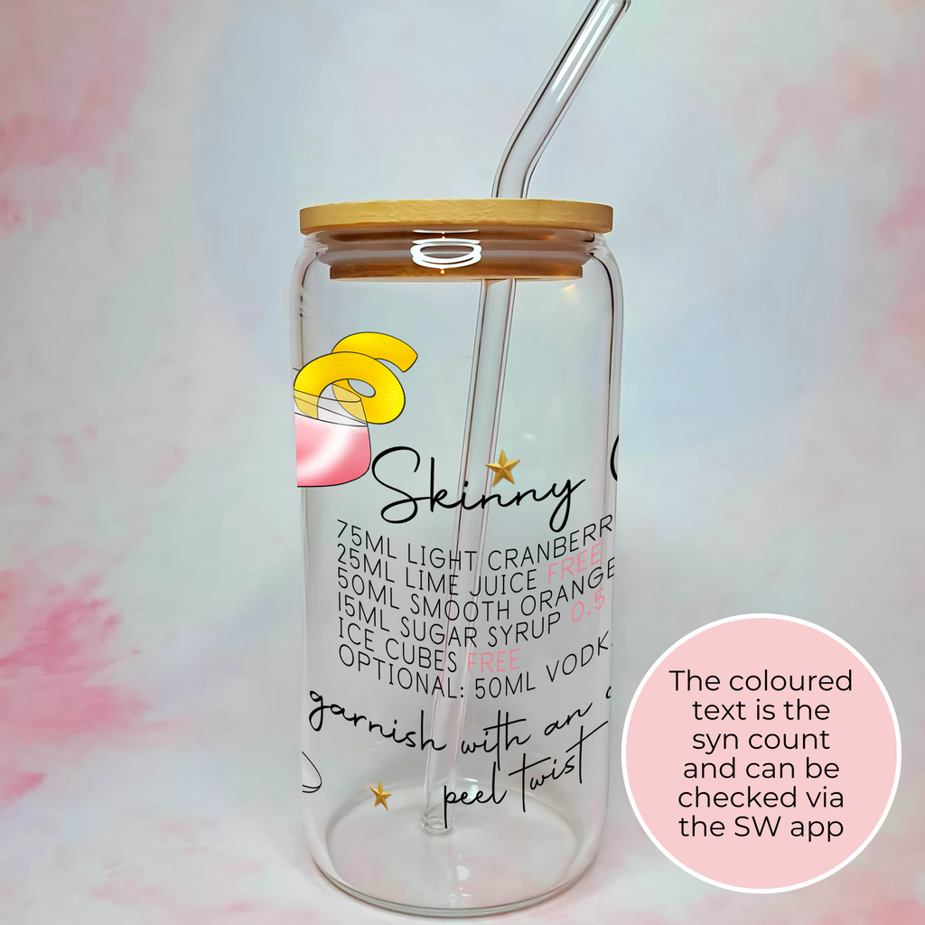 16oz Skinny Cosmopolitan Cocktail Recipe Glass with Bamboo Lid & Straw, Gift For Mum, Sister, Daughter