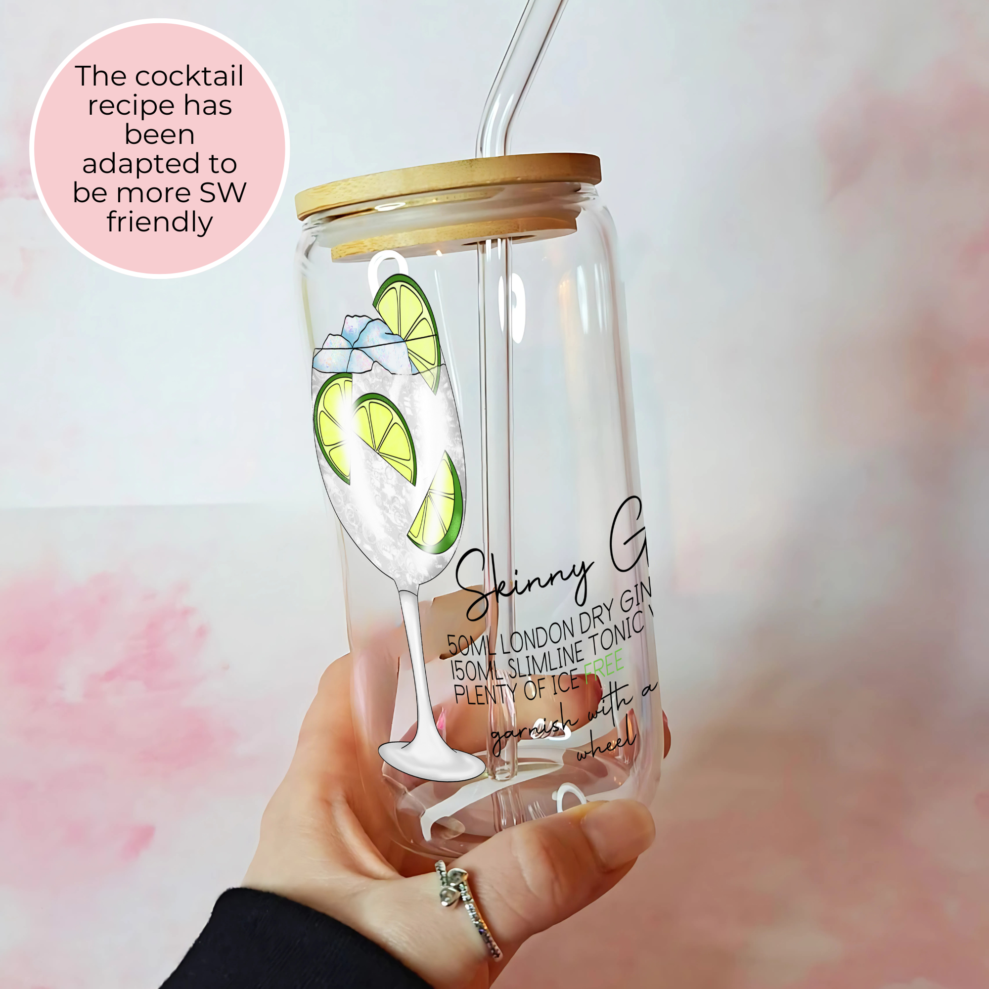 16oz Skinny Gin * Tonic Cocktail Recipe Glass with Bamboo Lid & Straw
