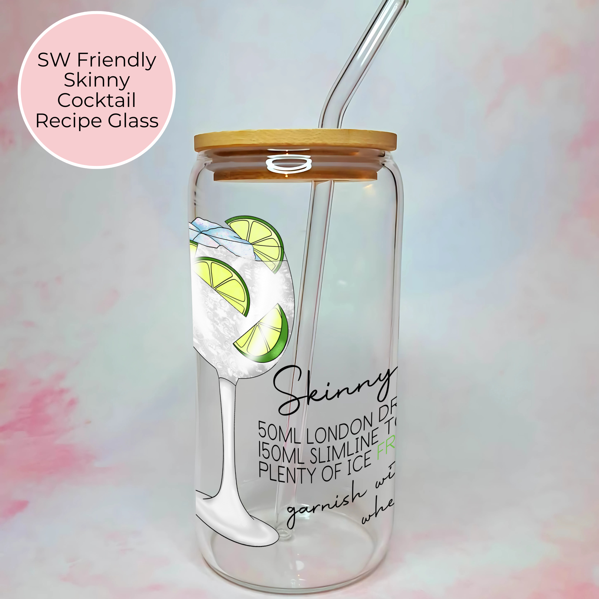16oz Skinny Gin * Tonic Cocktail Recipe Glass with Bamboo Lid & Straw