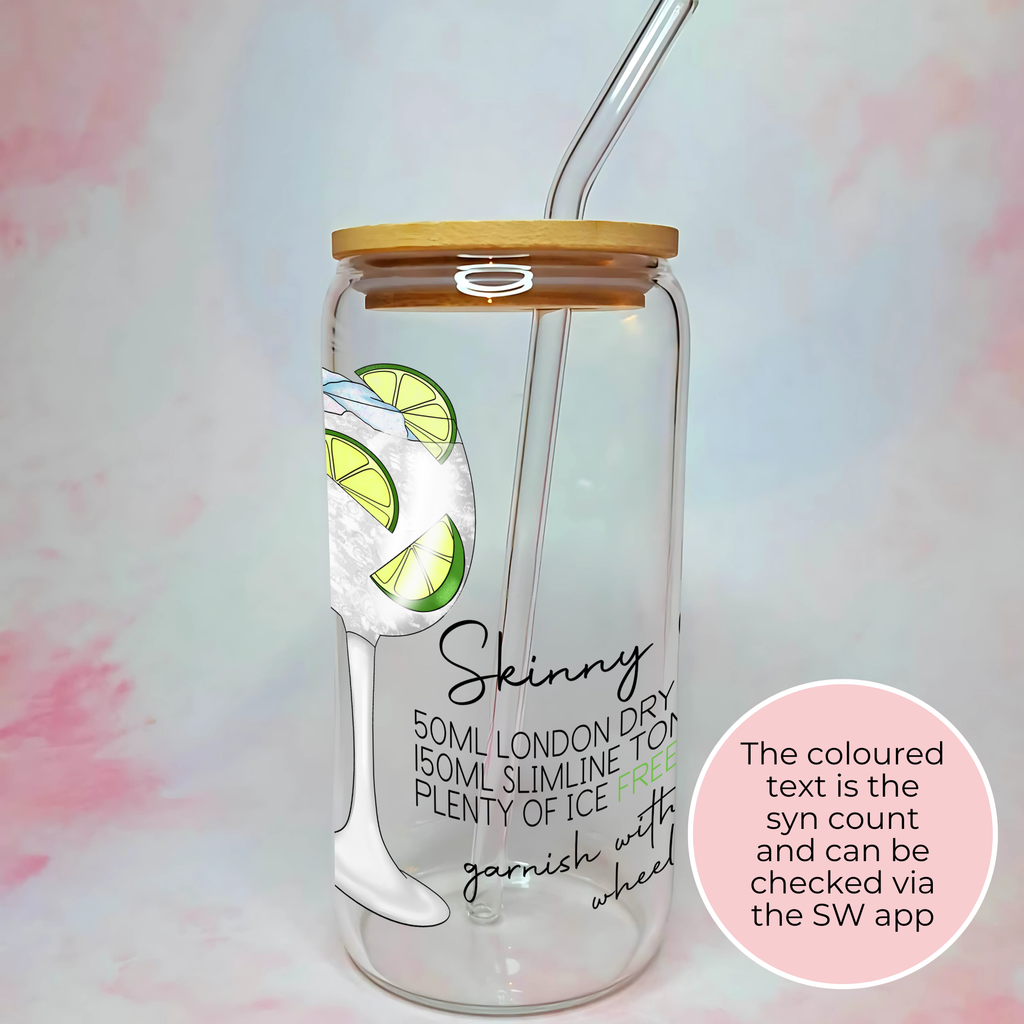 16oz Skinny Gin * Tonic Cocktail Recipe Glass with Bamboo Lid & Straw