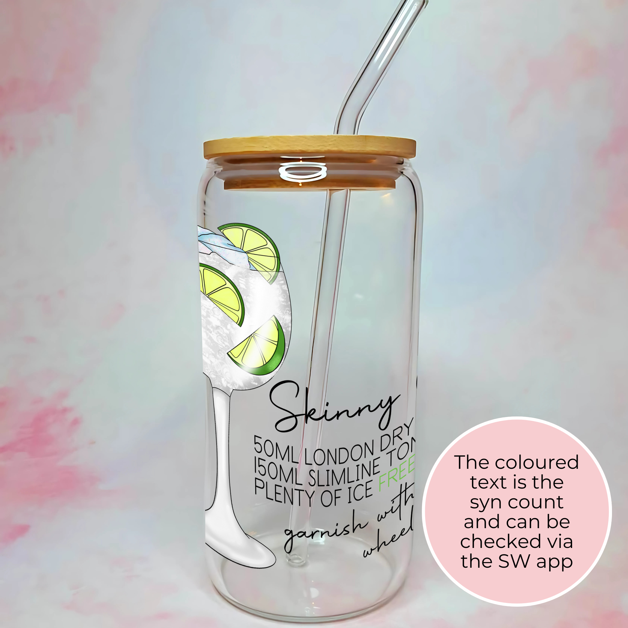16oz Skinny Gin * Tonic Cocktail Recipe Glass with Bamboo Lid & Straw