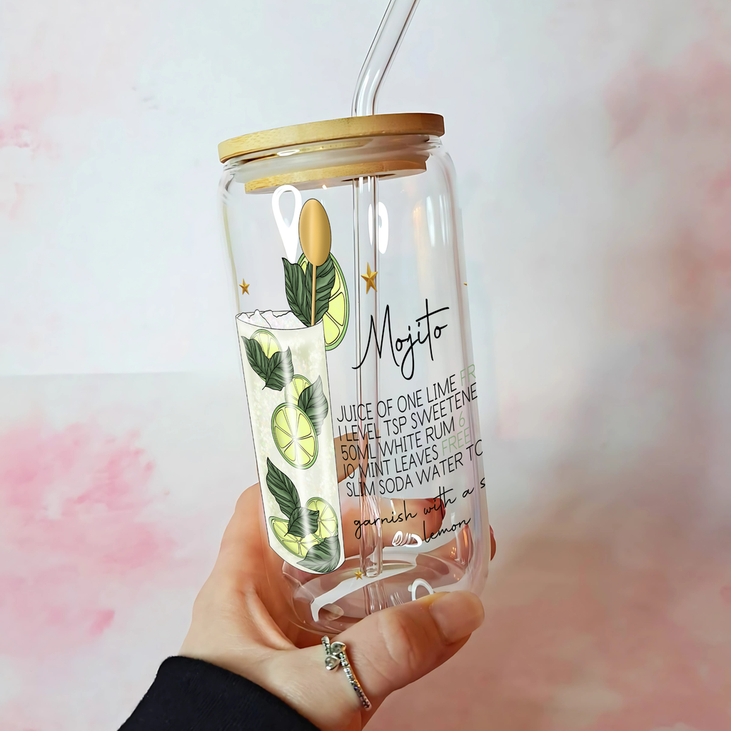 Skinny Mojito Cocktail Recipe Glass with Bamboo Lid & Straw