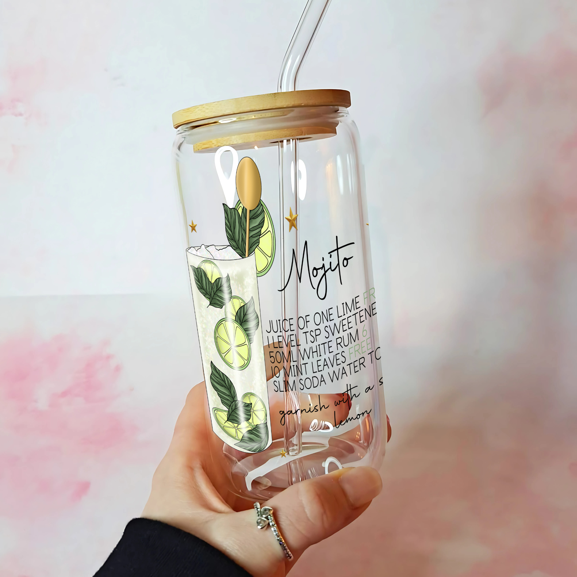 Skinny Mojito Cocktail Recipe Glass with Bamboo Lid & Straw