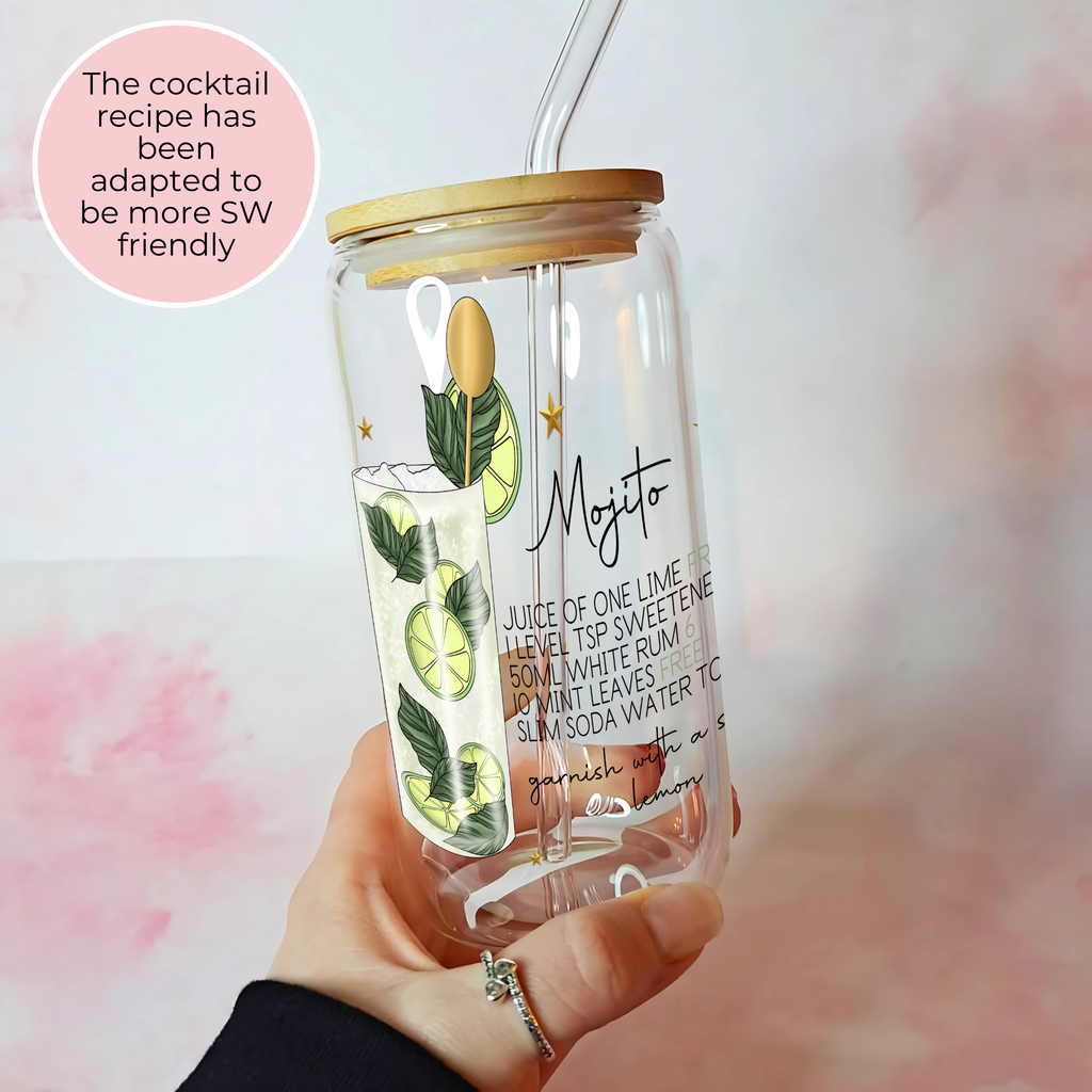 Skinny Mojito Cocktail Recipe Glass with Bamboo Lid & Straw