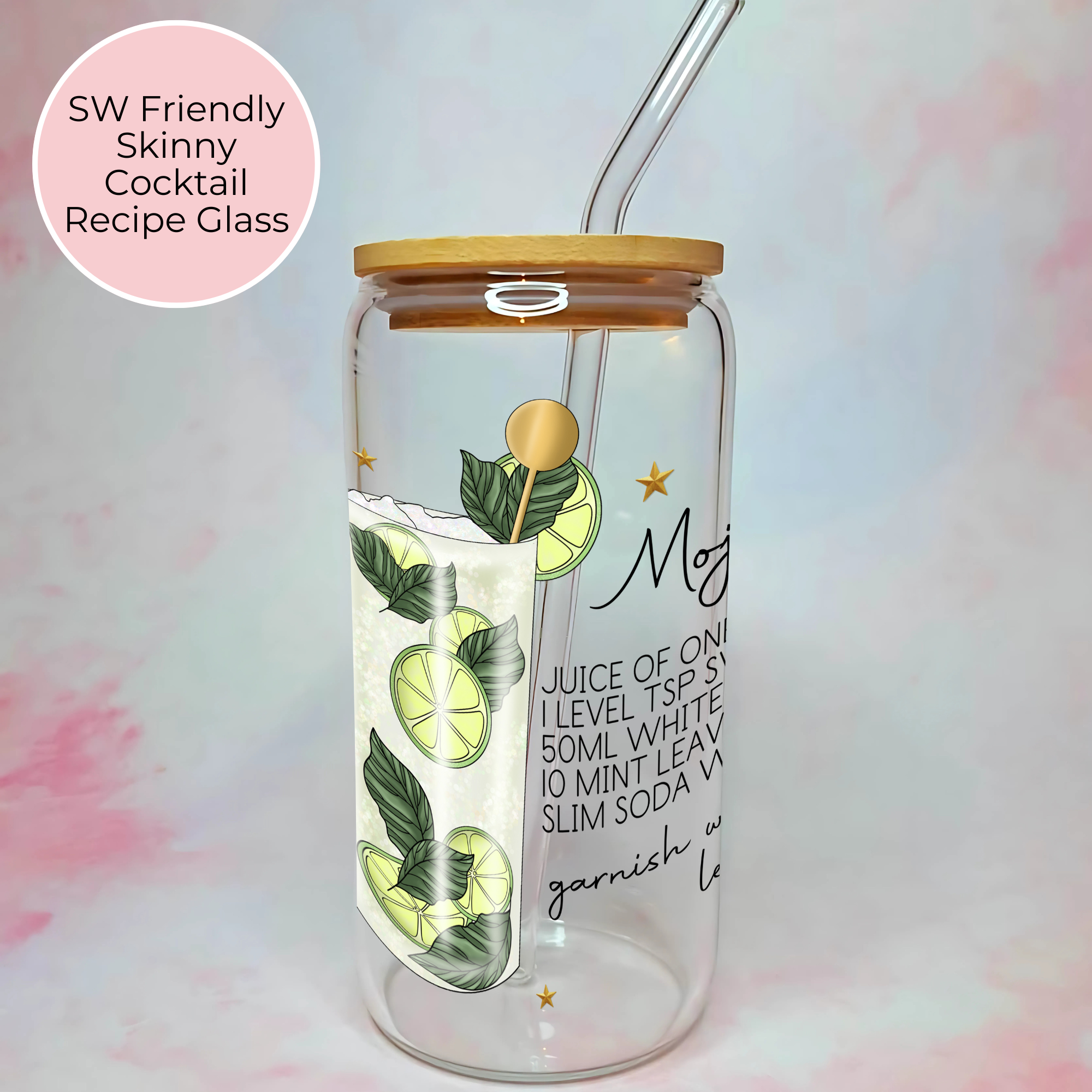 Skinny Mojito Cocktail Recipe Glass with Bamboo Lid & Straw