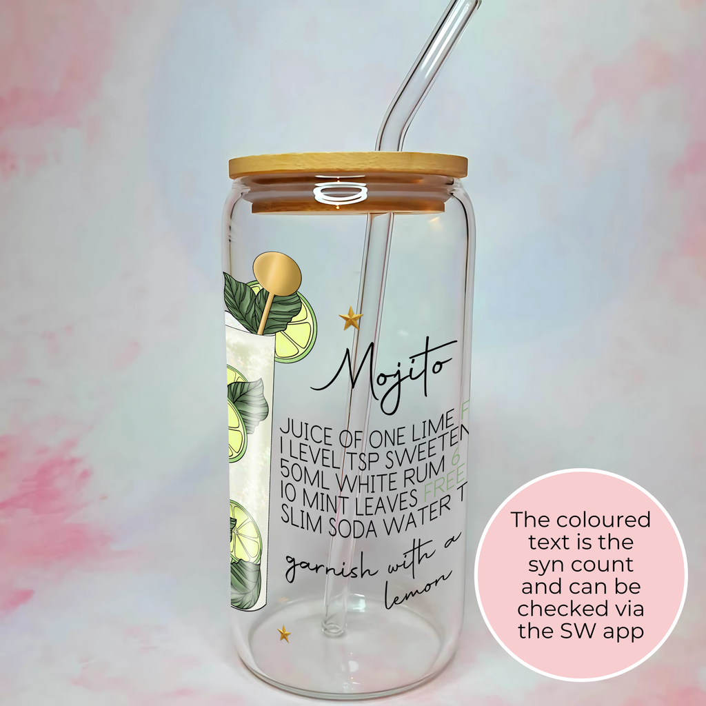 Skinny Mojito Cocktail Recipe Glass with Bamboo Lid & Straw