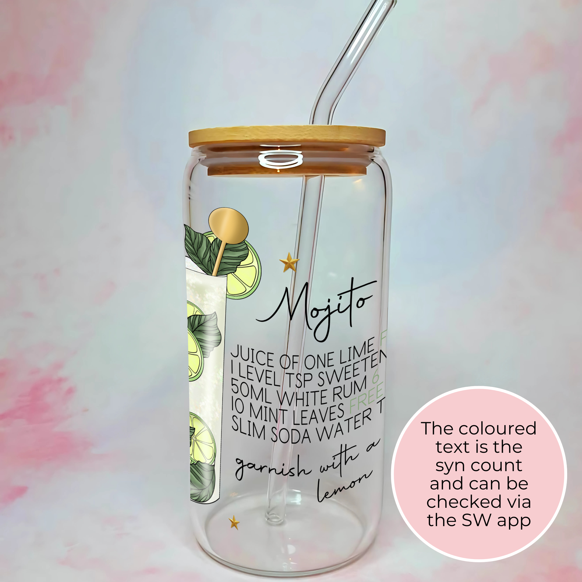 Skinny Mojito Cocktail Recipe Glass with Bamboo Lid & Straw