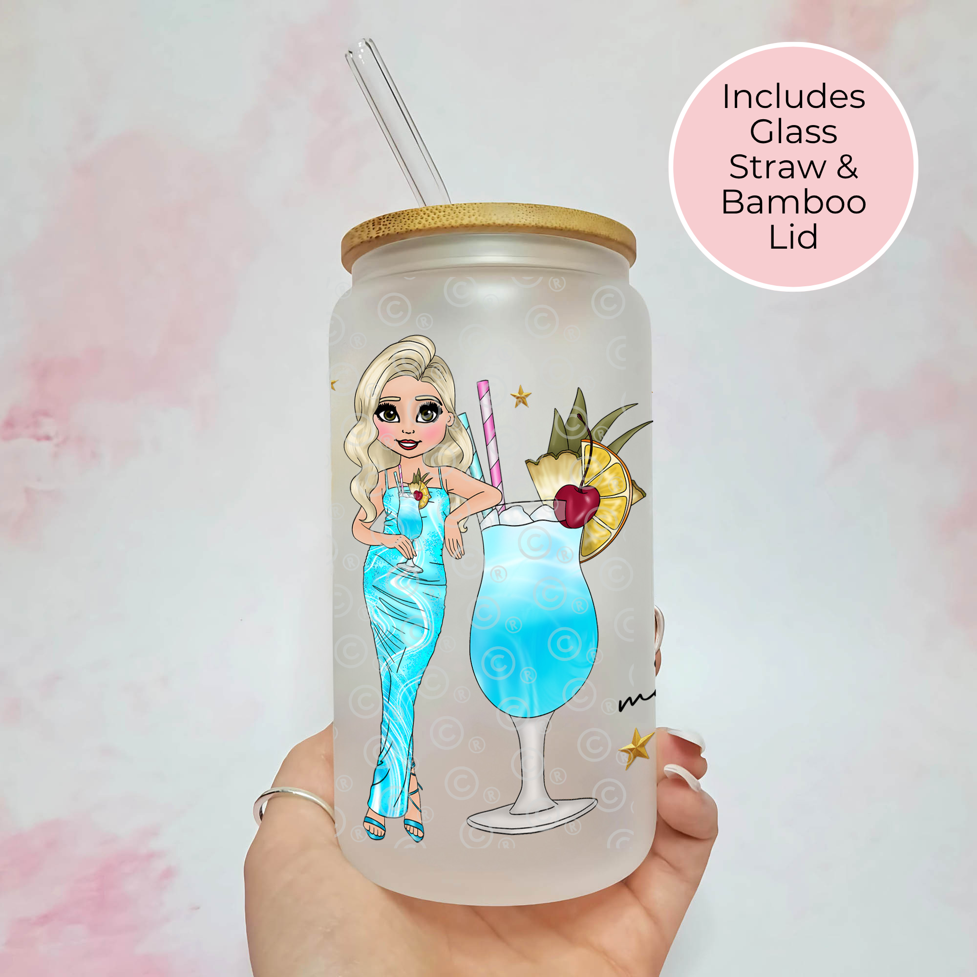 Personalised Blue Lagoon Frosted Recipe Glass With Custom Character
