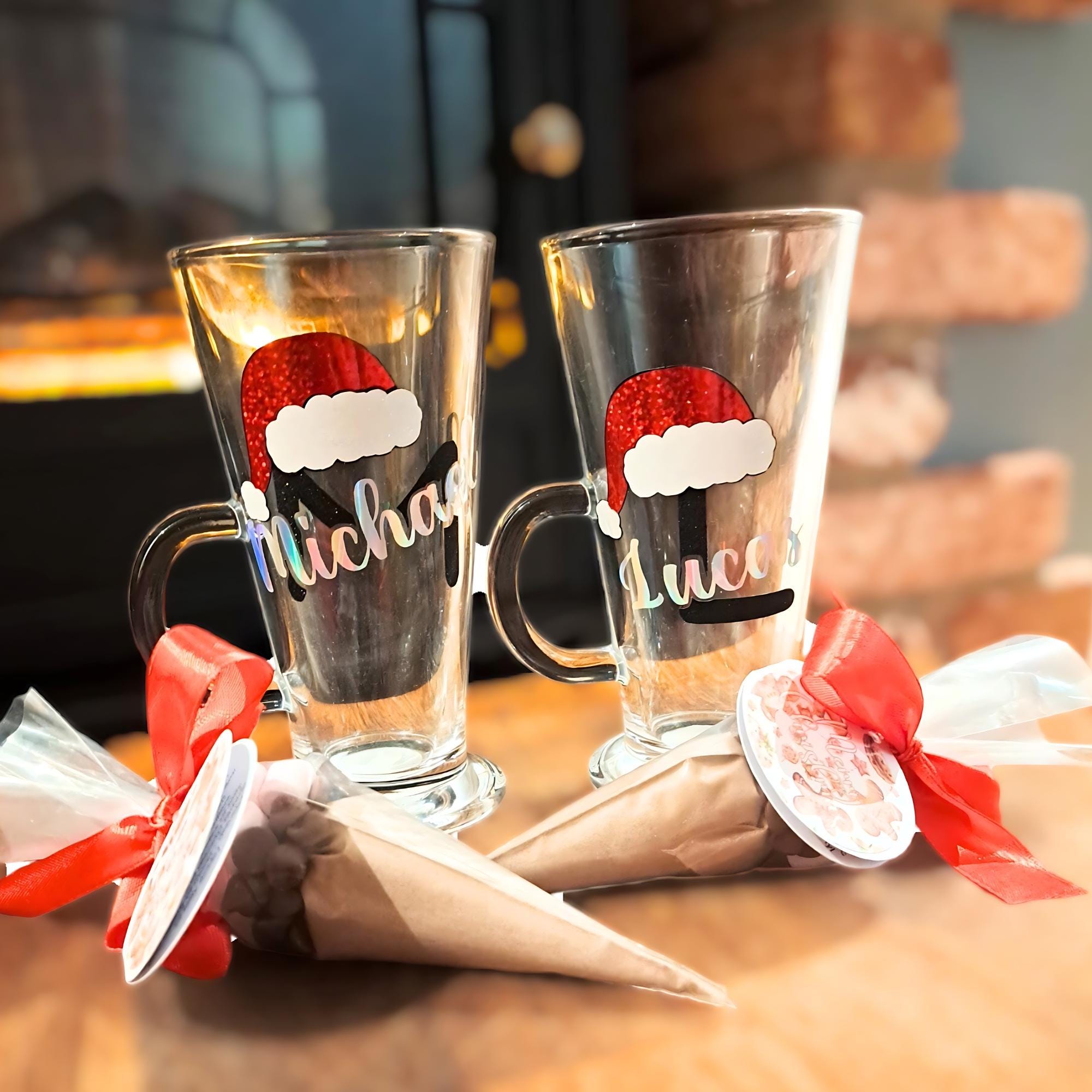 Personalised Santa Or Antlers Glass Gift, Glass With Hot Chocolate Cone / Chocolate Bomb, Secret Santa Gift