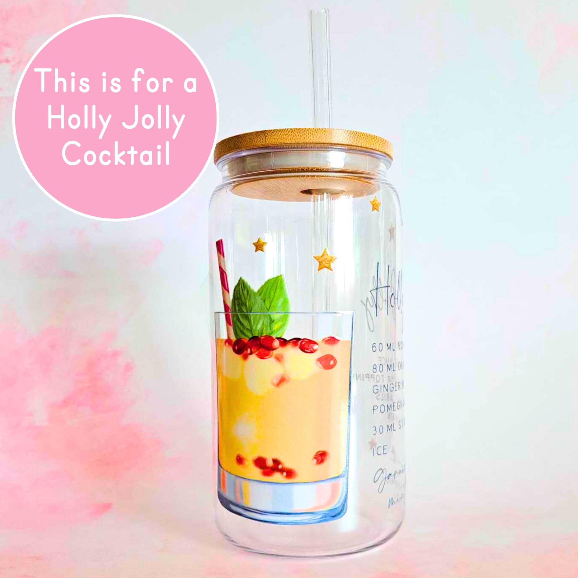 16oz Holly Jolly Cocktail Recipe Glass with Bamboo Lid & Straw