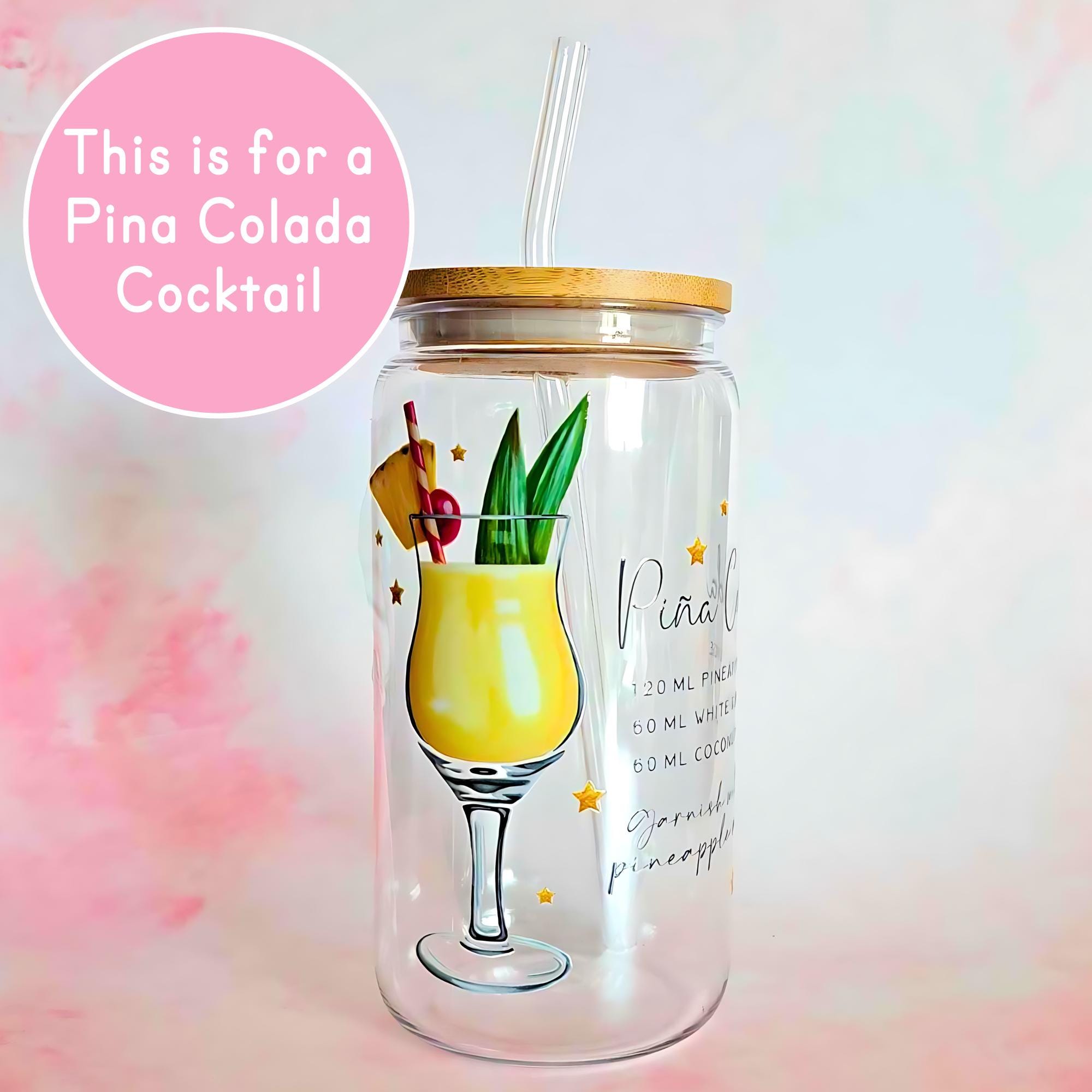 16oz Pina Colada Cocktail Recipe Glass with Bamboo Lid & Straw