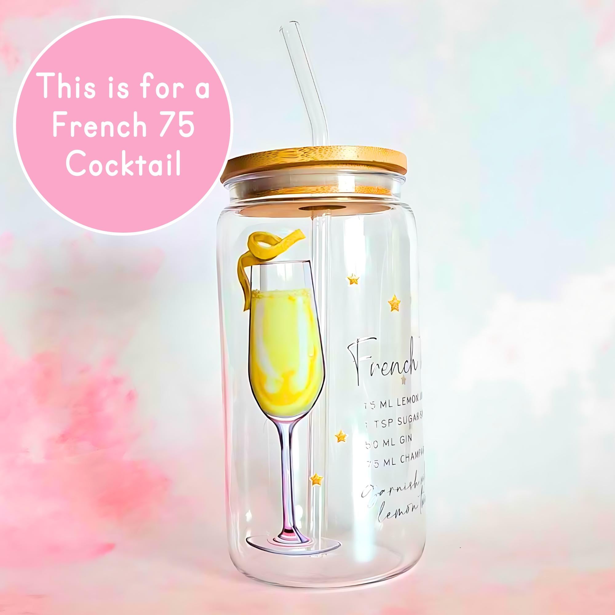 16oz French 75 Cocktail Recipe Glass with Bamboo Lid & Straw