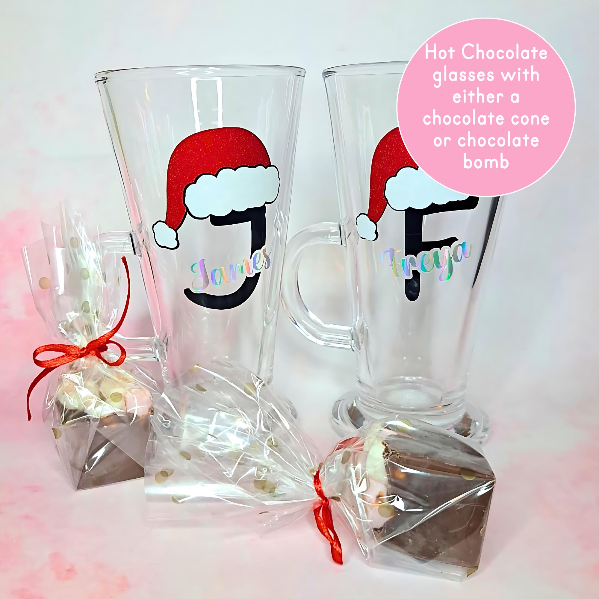 Personalised Santa Or Antlers Glass Gift, Glass With Hot Chocolate Cone / Chocolate Bomb, Secret Santa Gift