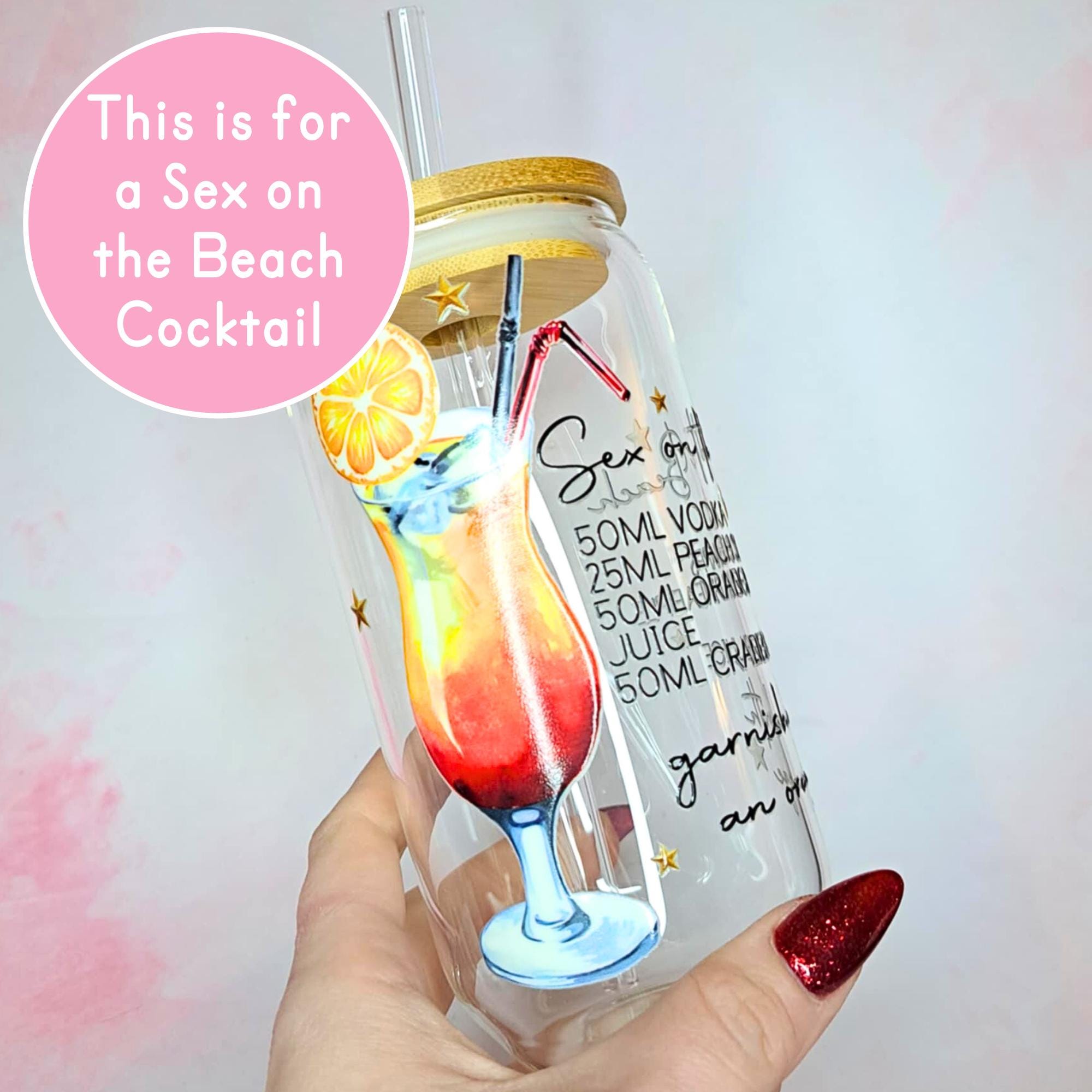 16oz Sex on the Beach Cocktail Recipe Glass with Bamboo Lid & Straw