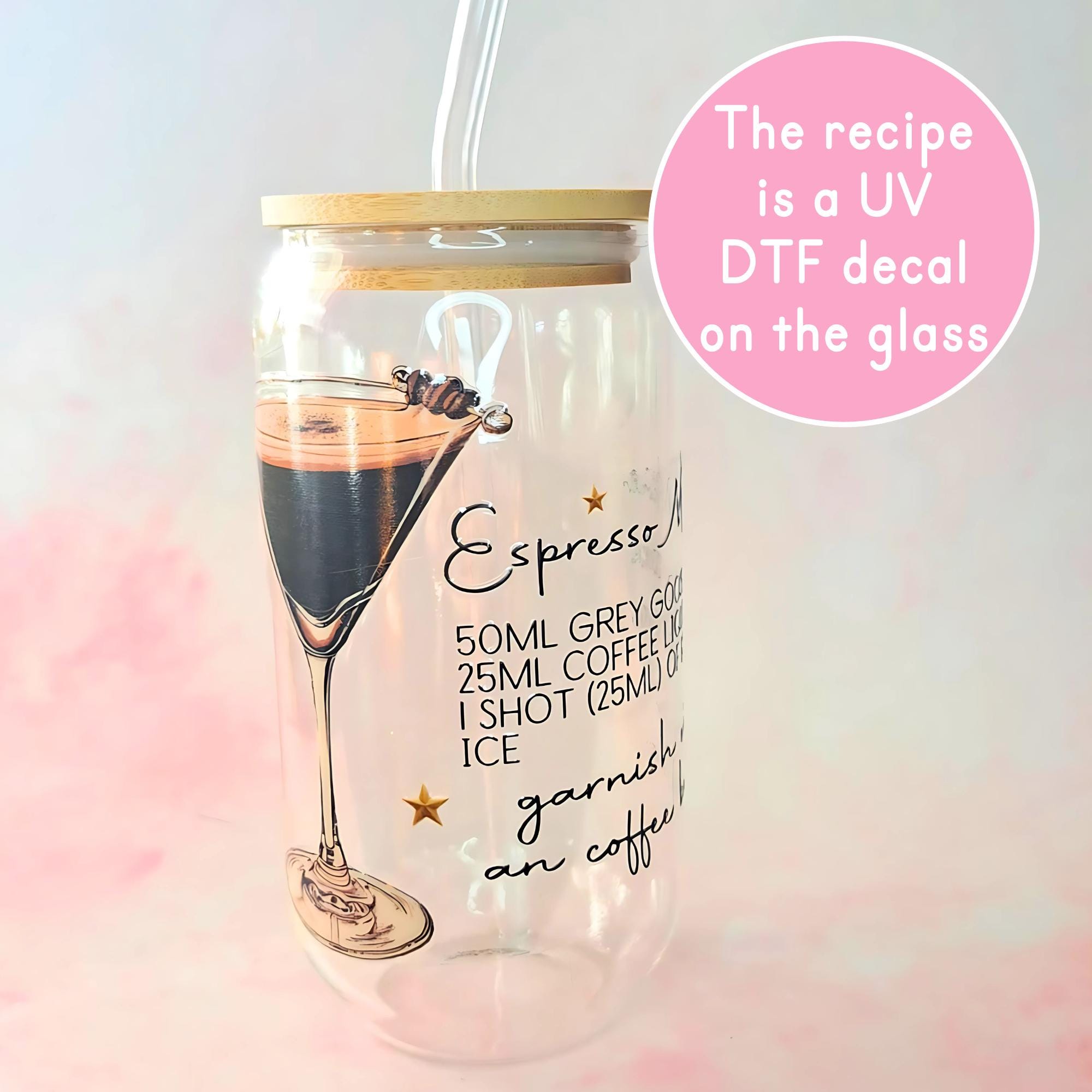 16oz Espresso Martini Cocktail Recipe Glass with Bamboo Lid & Straw