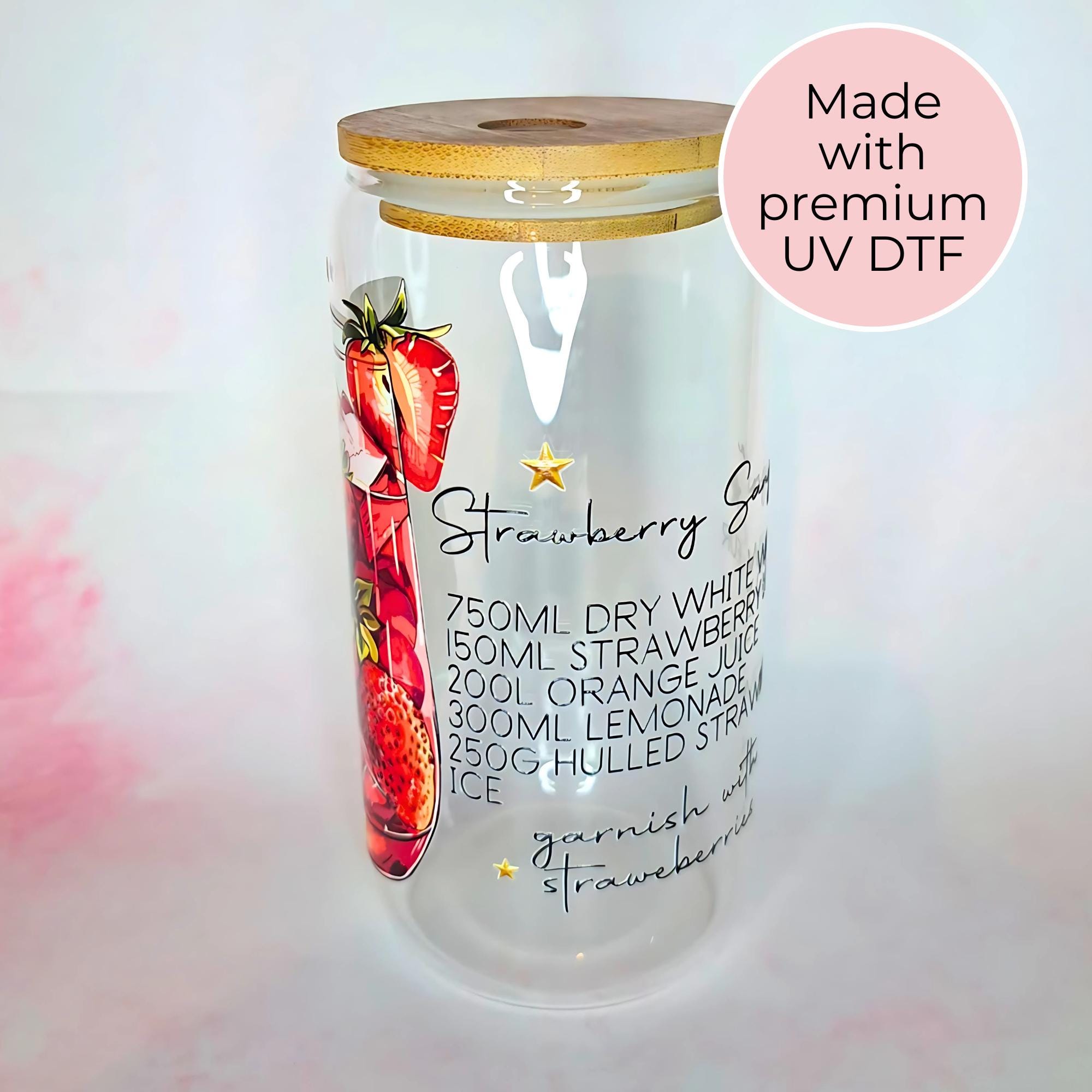 16oz Strawberry Sangria Cocktail Recipe Glass with Bamboo Lid & Straw