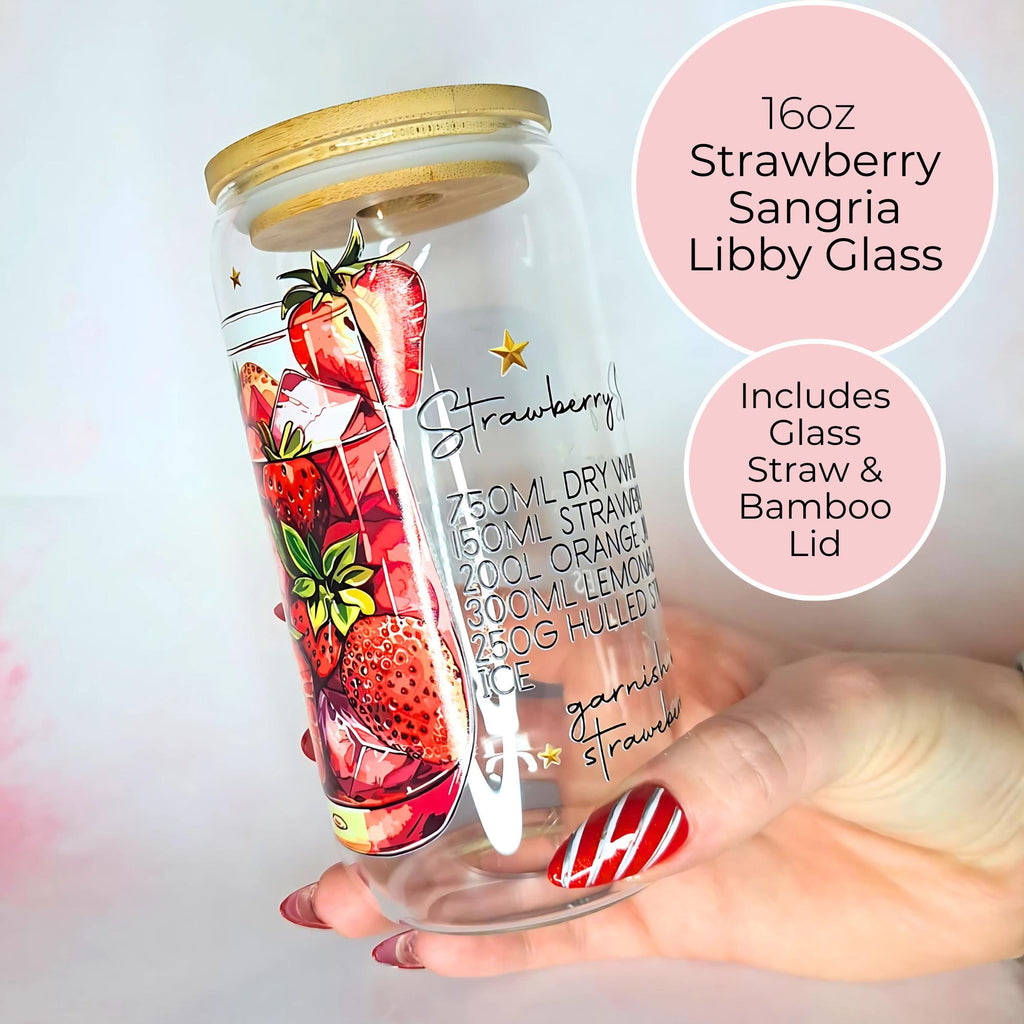 16oz Strawberry Sangria Cocktail Recipe Glass with Bamboo Lid & Straw