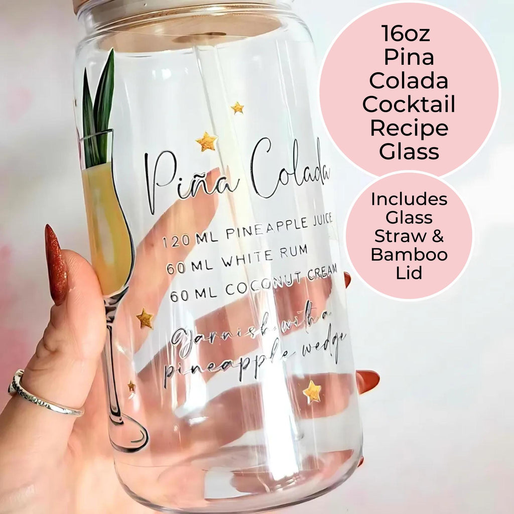 16oz Pina Colada Cocktail Recipe Glass with Bamboo Lid & Straw
