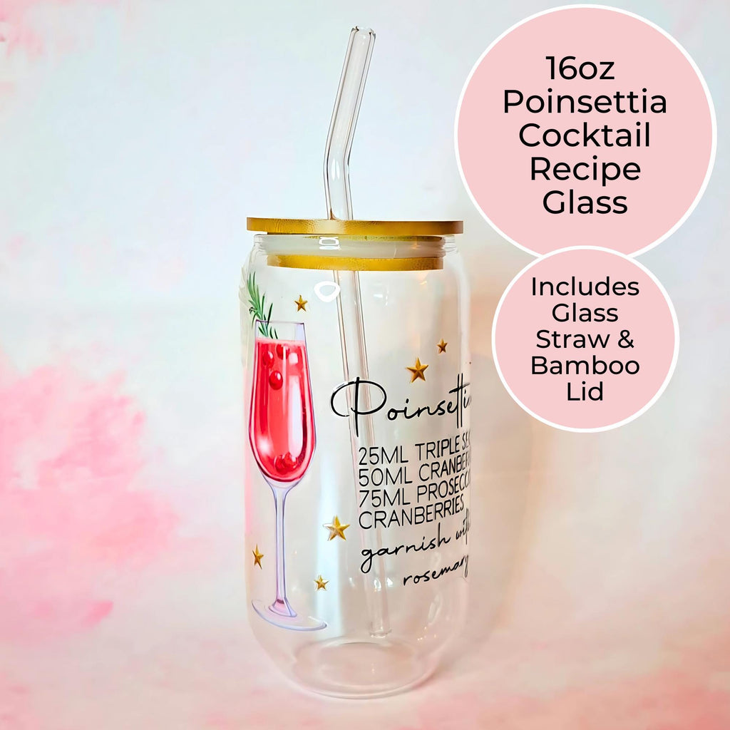 16oz Poinsettia Cocktail Recipe Glass with Bamboo Lid & Straw