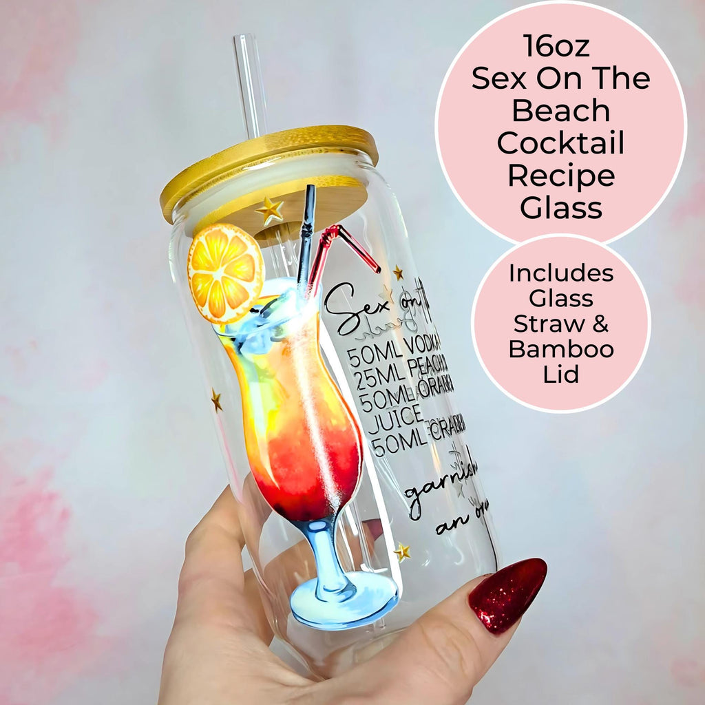 16oz Sex on the Beach Cocktail Recipe Glass with Bamboo Lid & Straw