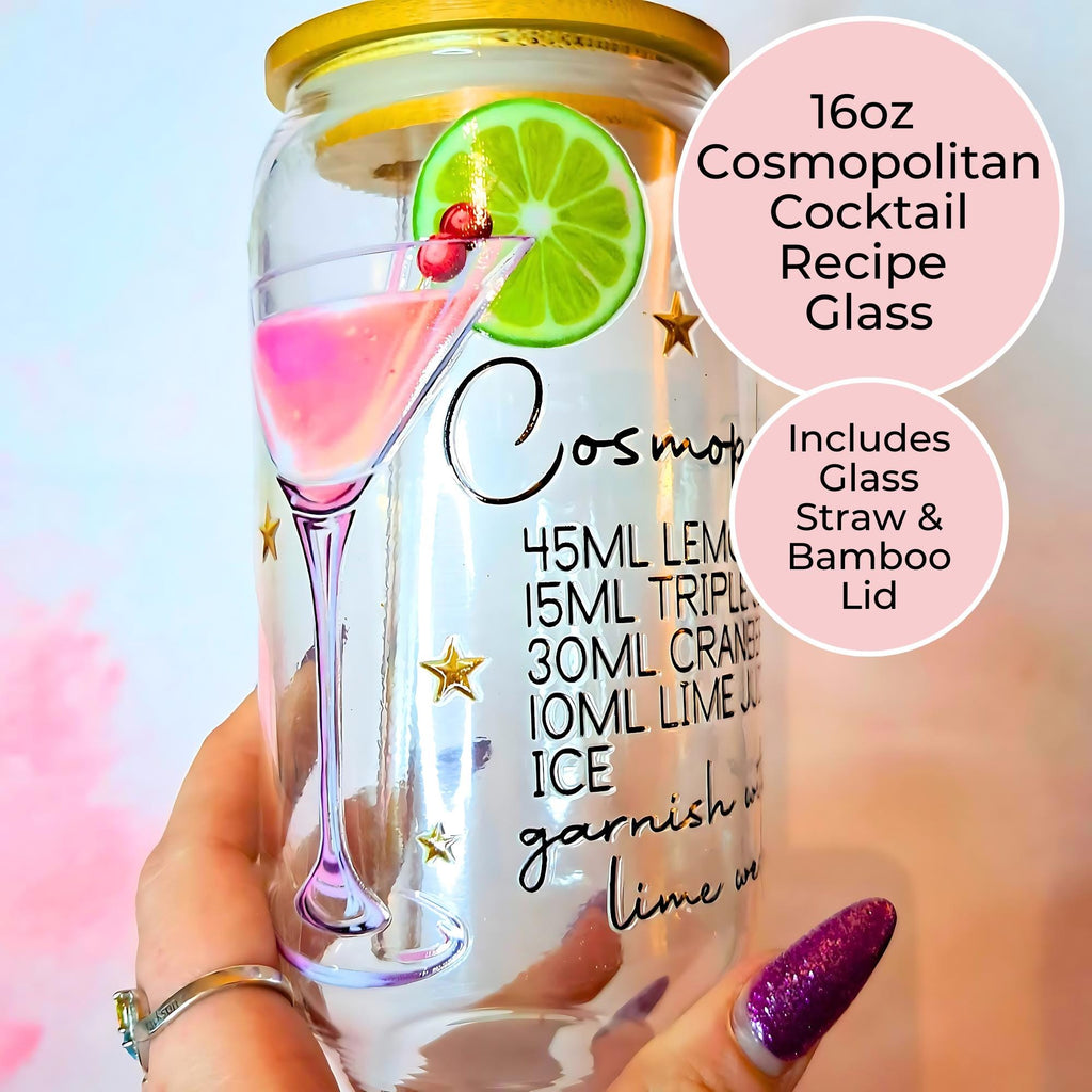 16oz Cosmopolitan Cocktail Recipe Glass with Bamboo Lid & Straw