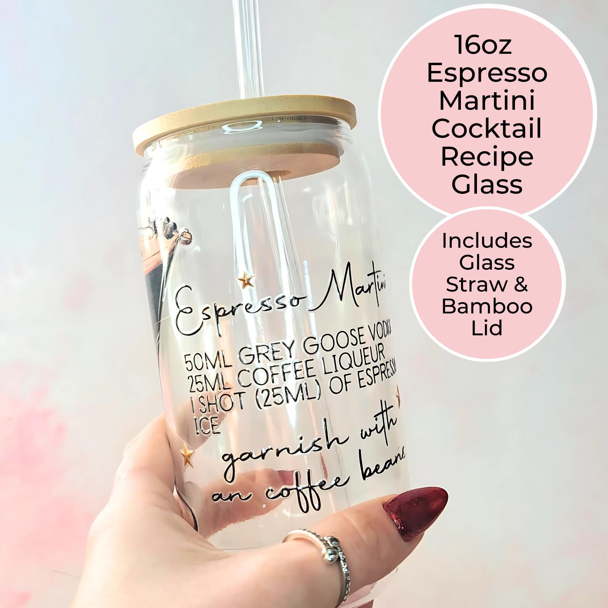 16oz Espresso Martini Cocktail Recipe Glass with Bamboo Lid & Straw