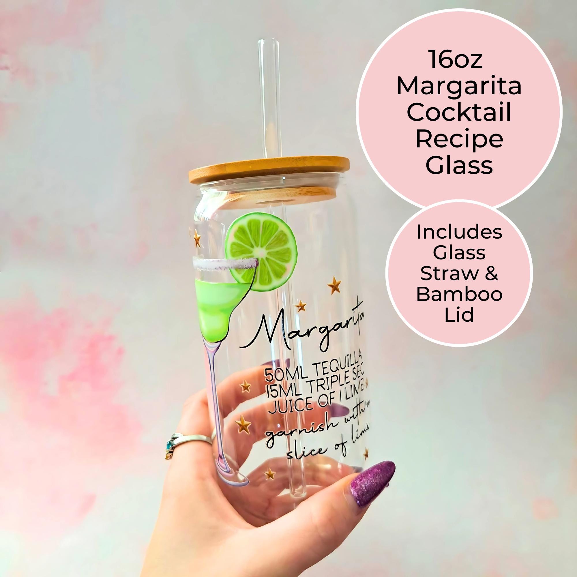 16oz Margarita Cocktail Recipe Glass with Bamboo Lid & Straw