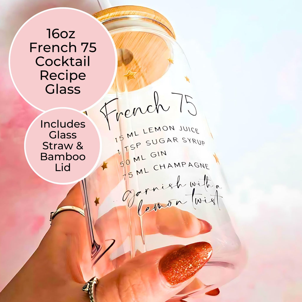 16oz French 75 Cocktail Recipe Glass with Bamboo Lid & Straw