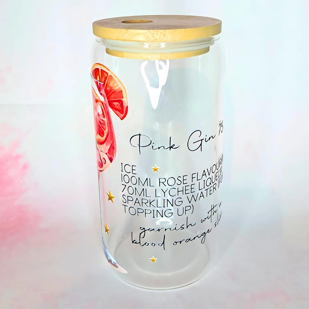 16oz Pink Gin 75 Cocktail Recipe Glass with Bamboo Lid & Straw