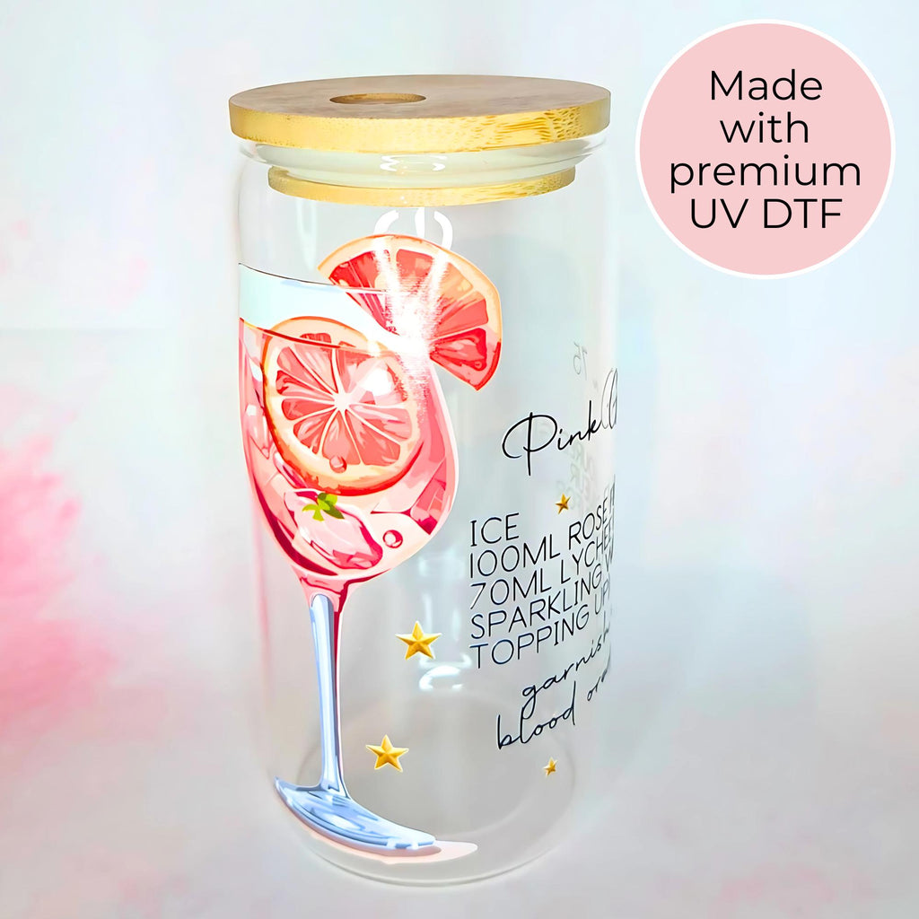 16oz Pink Gin 75 Cocktail Recipe Glass with Bamboo Lid & Straw
