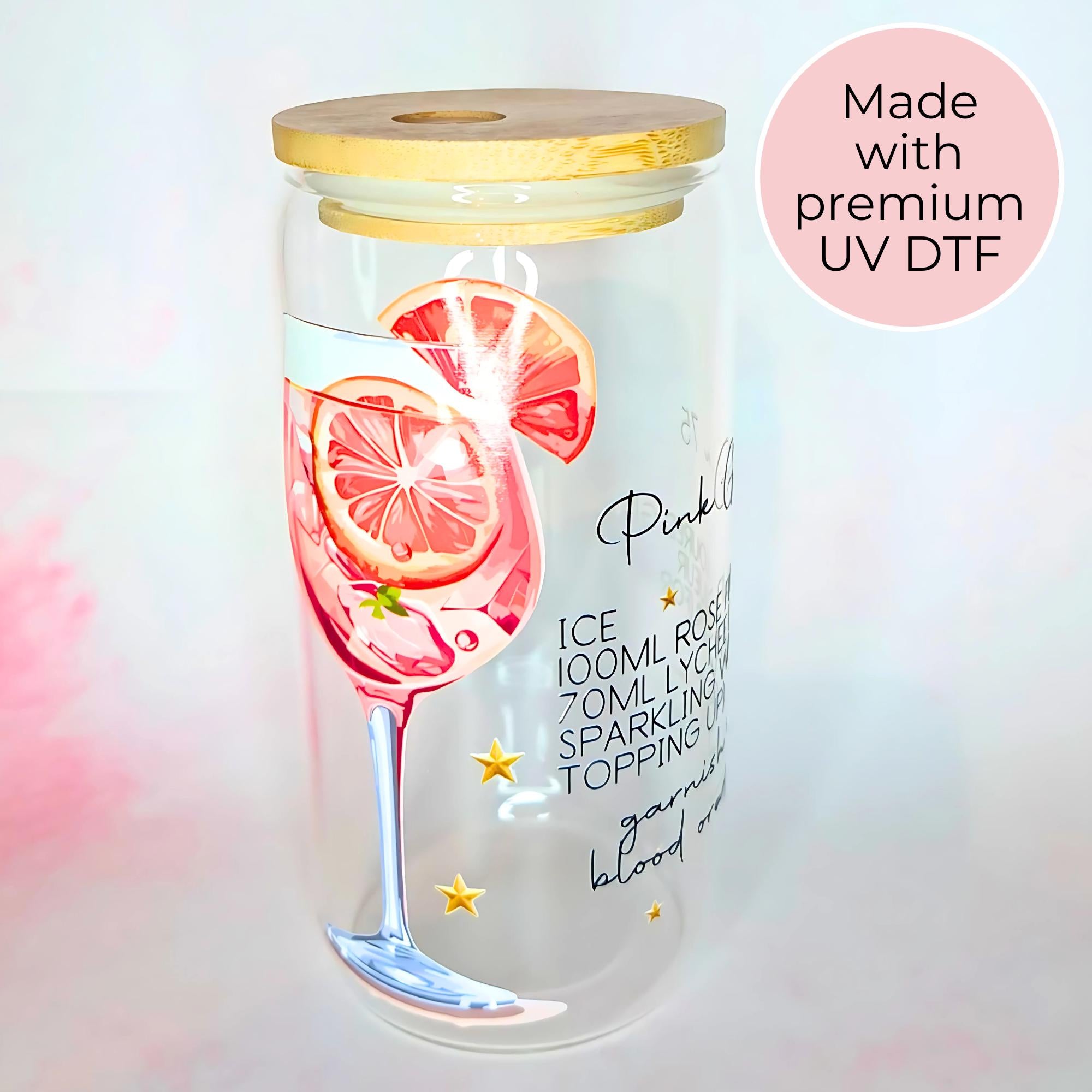 16oz Pink Gin 75 Cocktail Recipe Glass with Bamboo Lid & Straw