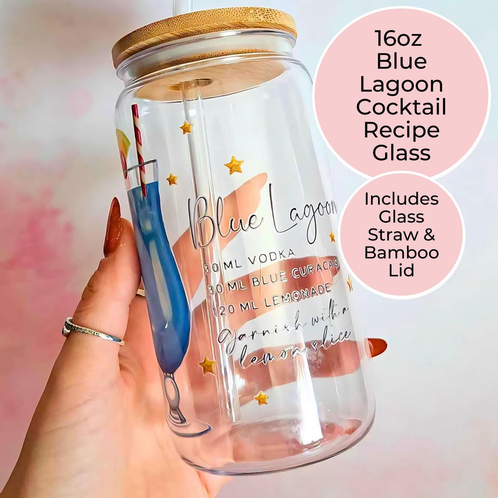 Blue Lagoon Cocktail Recipe Glass with Bamboo Lid & Straw