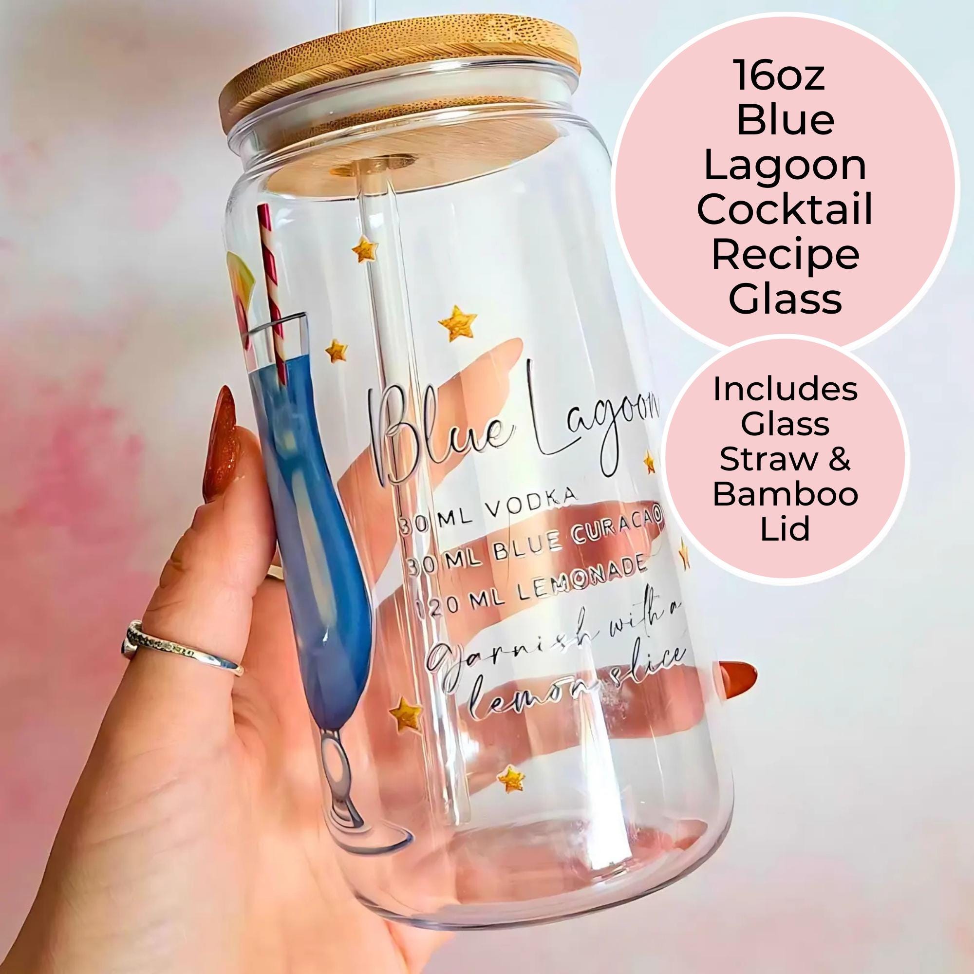 Blue Lagoon Cocktail Recipe Glass with Bamboo Lid & Straw