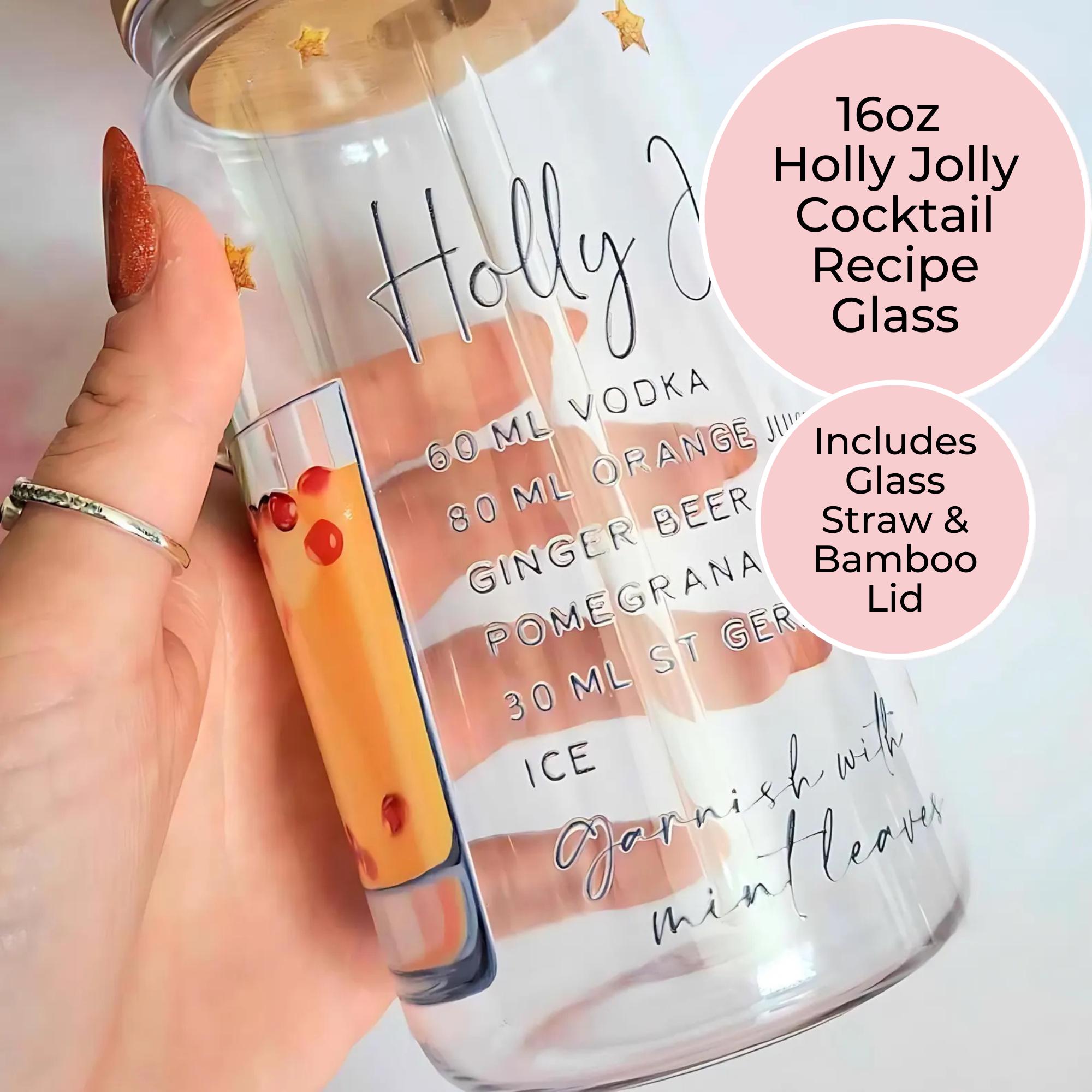 16oz Holly Jolly Cocktail Recipe Glass with Bamboo Lid & Straw