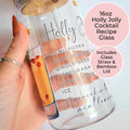 16oz Holly Jolly Cocktail Recipe Glass with Bamboo Lid & Straw, Secret Santa Gift For Co-Worker