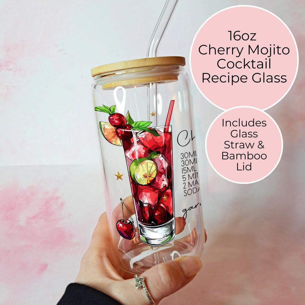 Cherry Mojito Cocktail Recipe Glass with Bamboo Lid & Straw