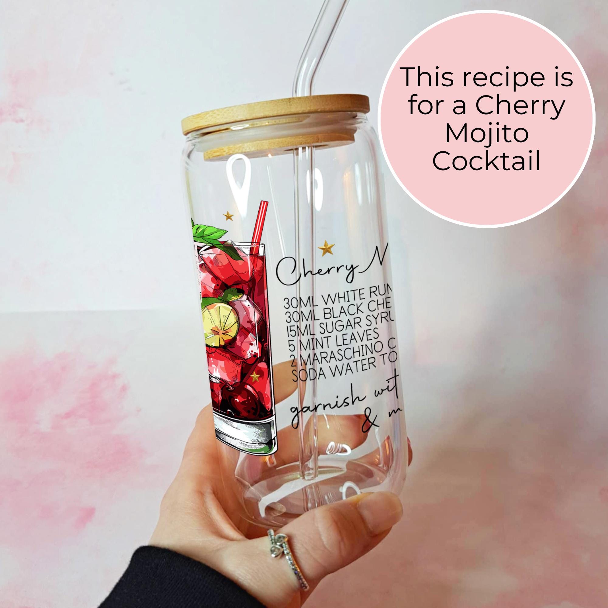 Cherry Mojito Cocktail Recipe Glass with Bamboo Lid & Straw