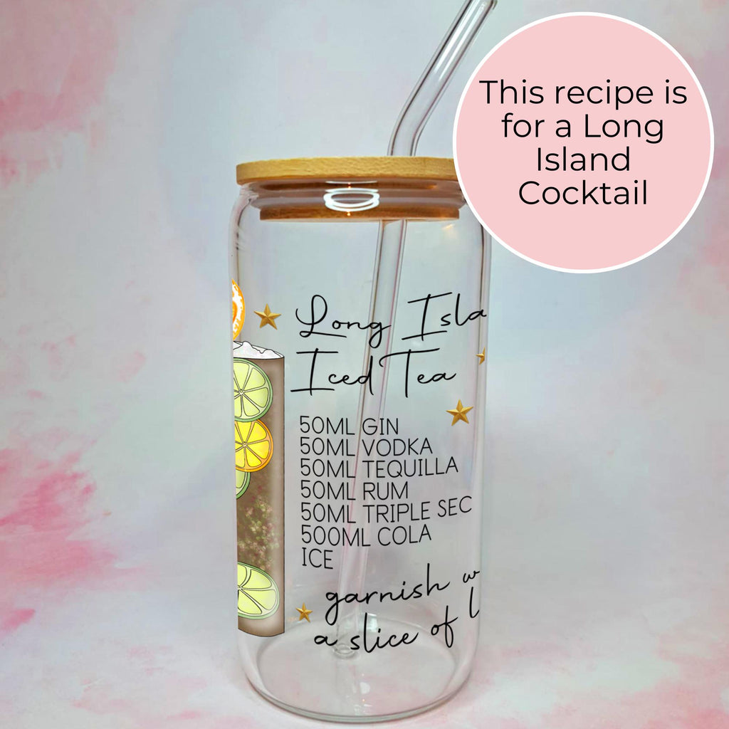 Long Island Iced Tea Cocktail Recipe Glass with Bamboo Lid & Straw