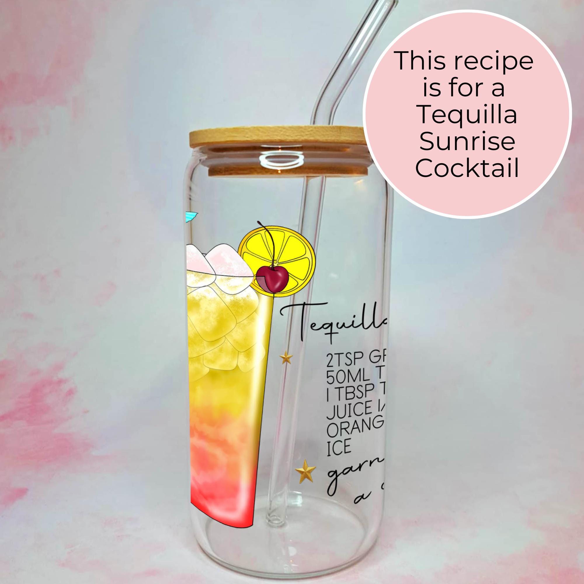 Tequila Sunrise Cocktail Recipe Glass with Bamboo Lid & Straw