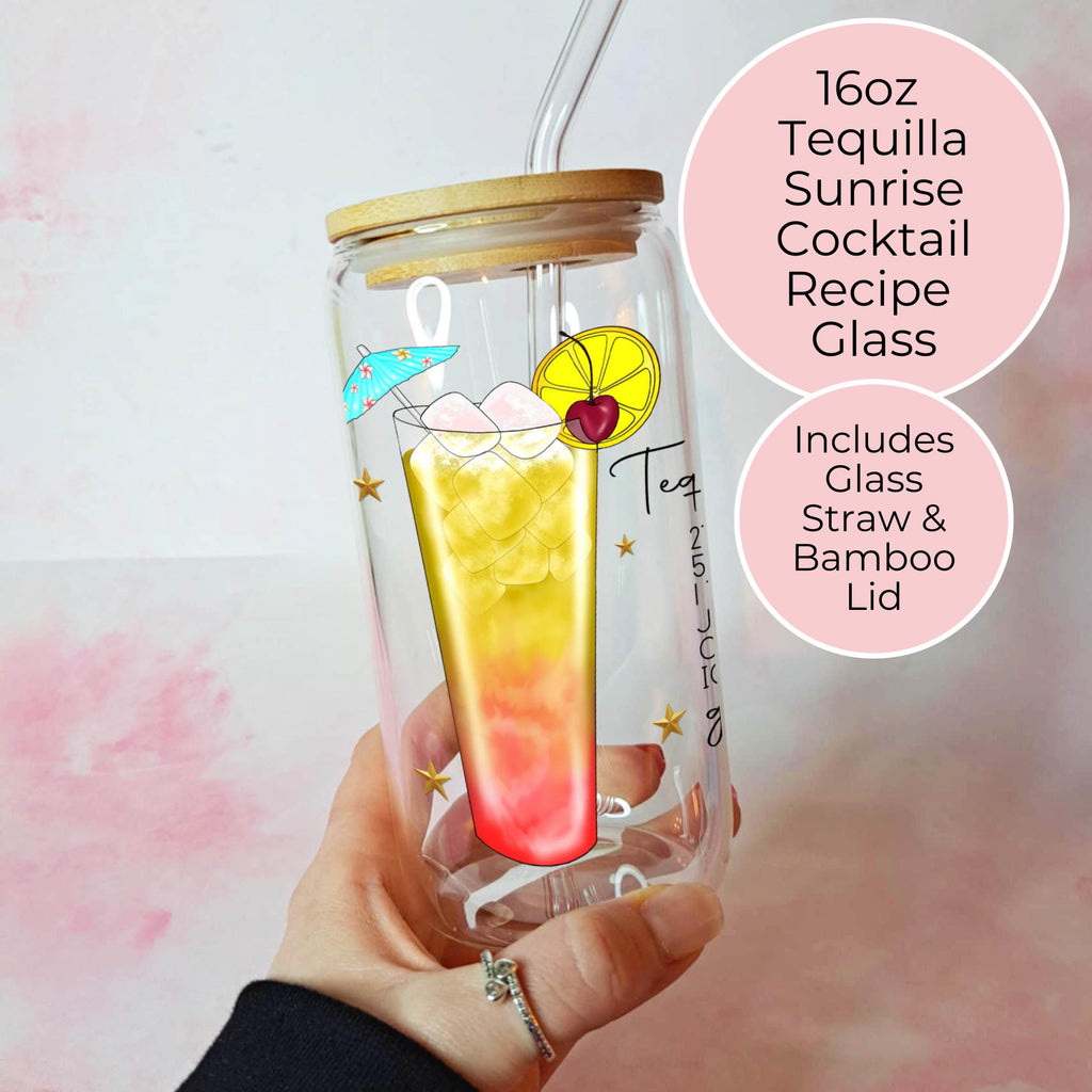 Tequila Sunrise Cocktail Recipe Glass with Bamboo Lid & Straw