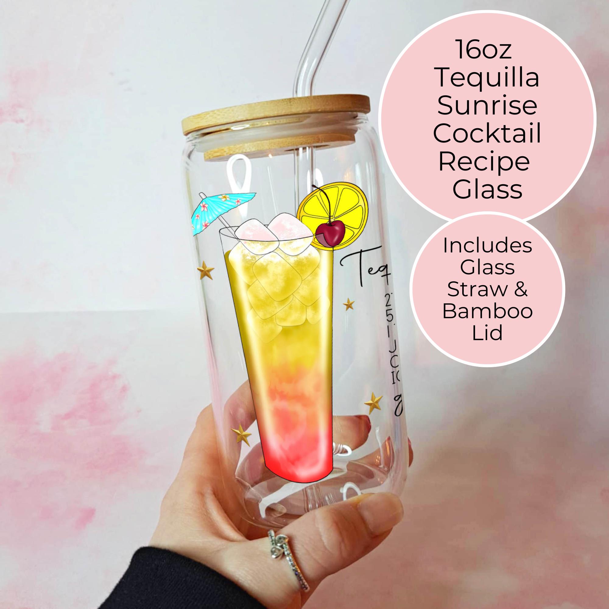 Tequila Sunrise Cocktail Recipe Glass with Bamboo Lid & Straw