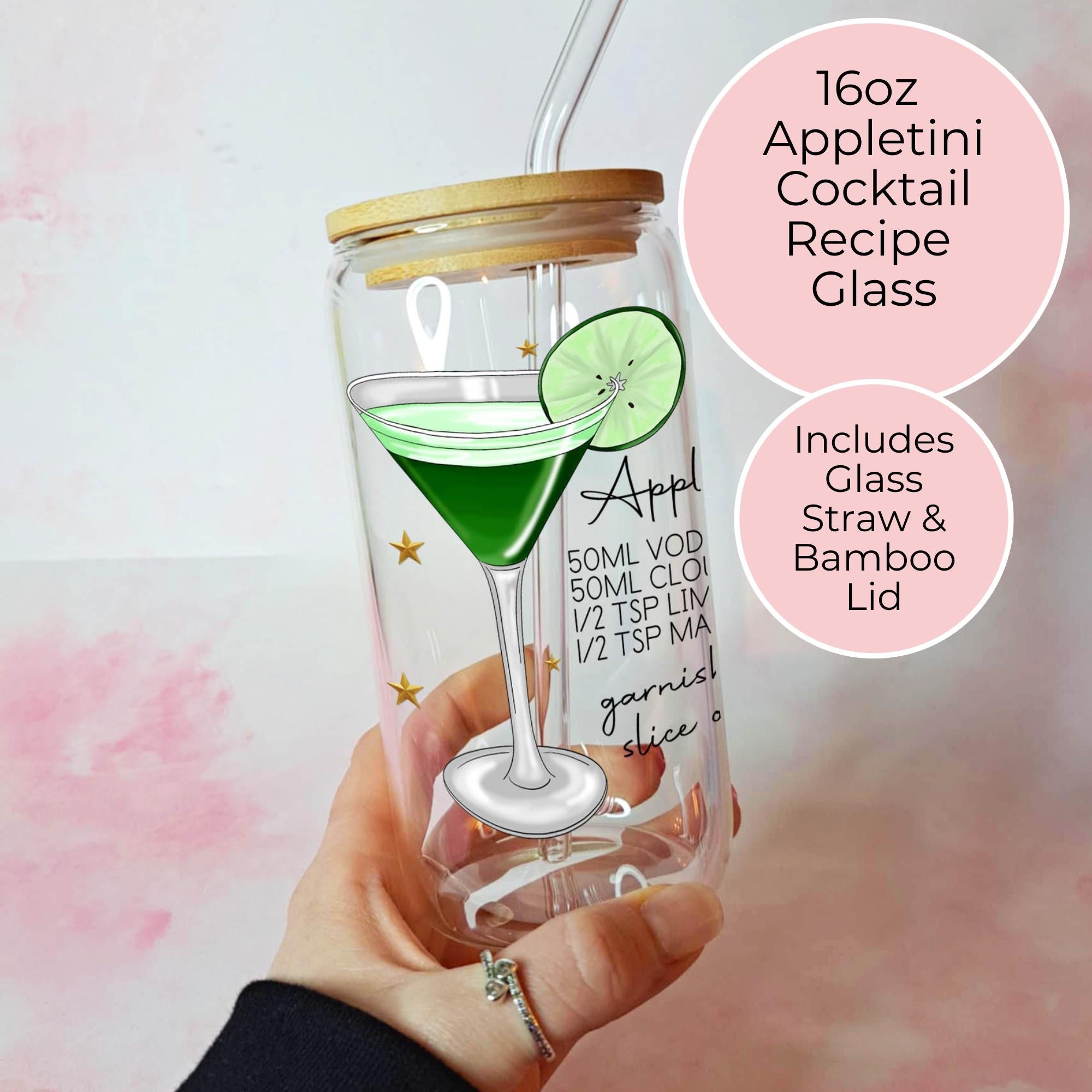 Appletini Cocktail Recipe Glass with Bamboo Lid & Straw