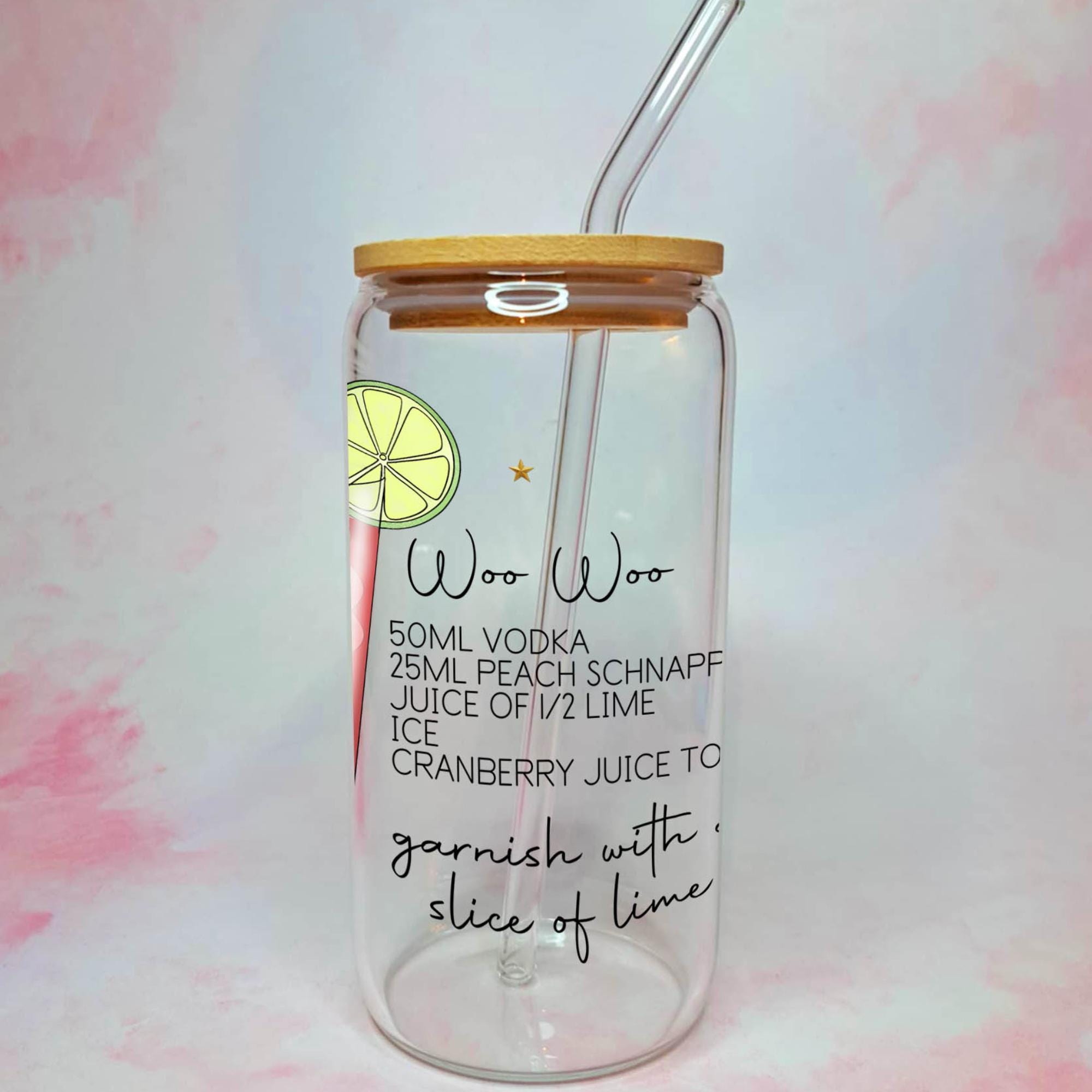 Woo Woo Cocktail Recipe Glass with Bamboo Lid & Straw