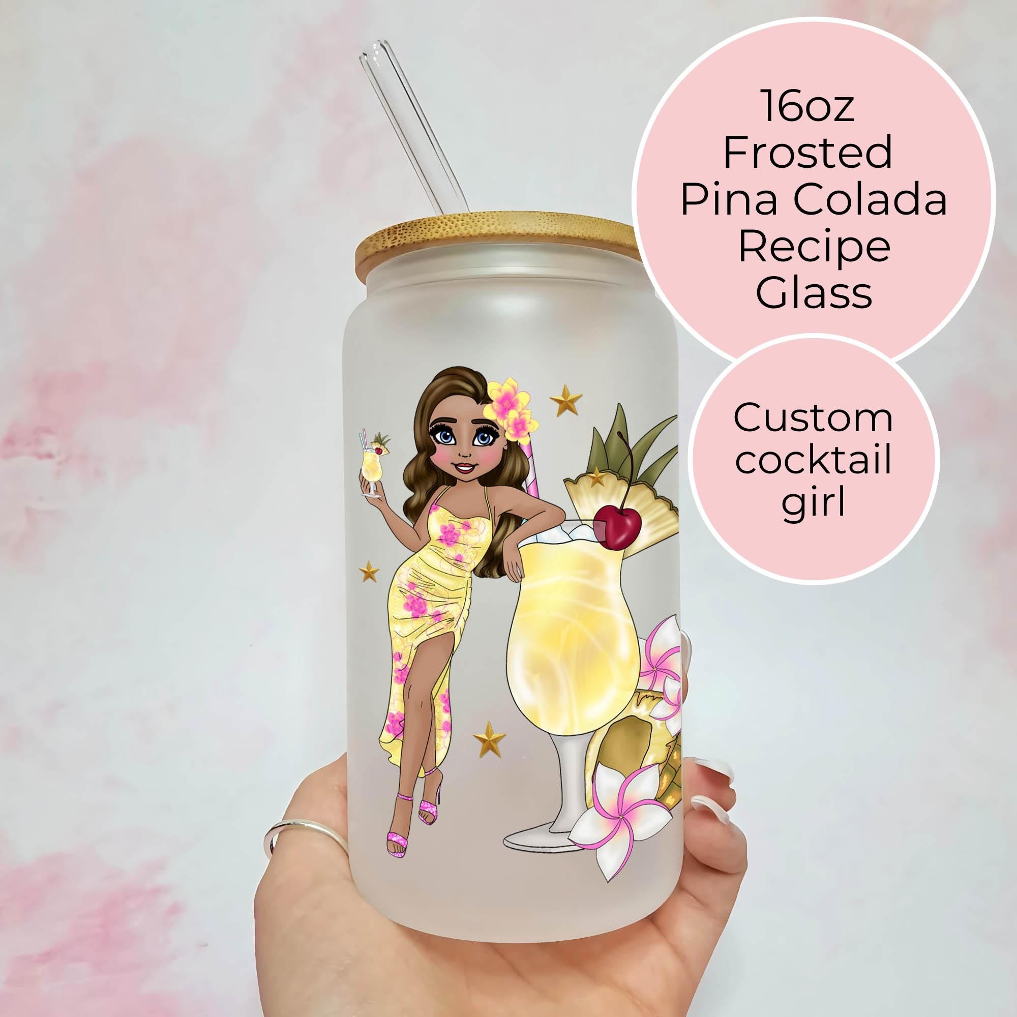 Personalised Pina Colada Character Glass With Cocktail Recipe, Gift For Best Girl Friend