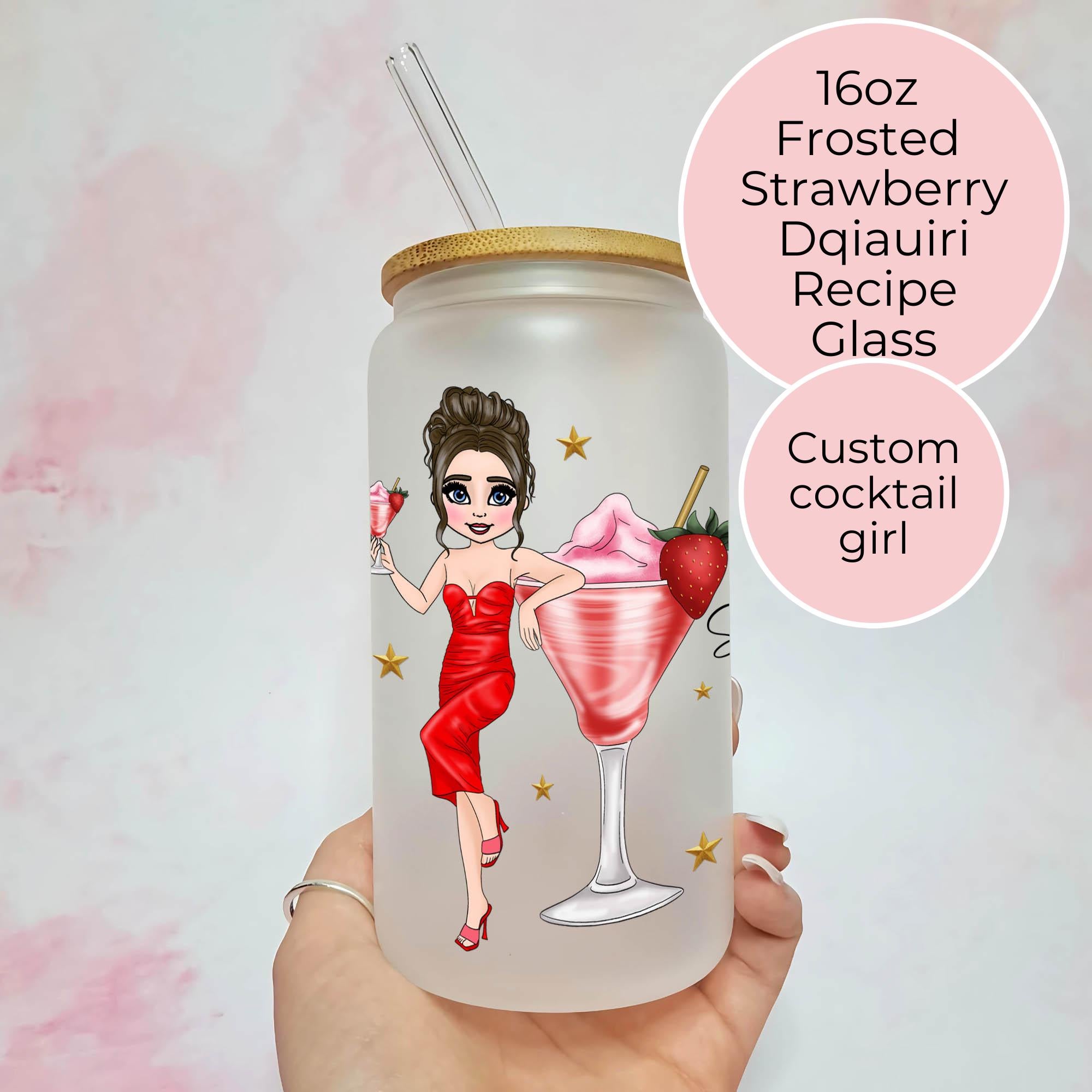 Personalised Strawberry Daiquiri Character Glass With Cocktail Recipe
