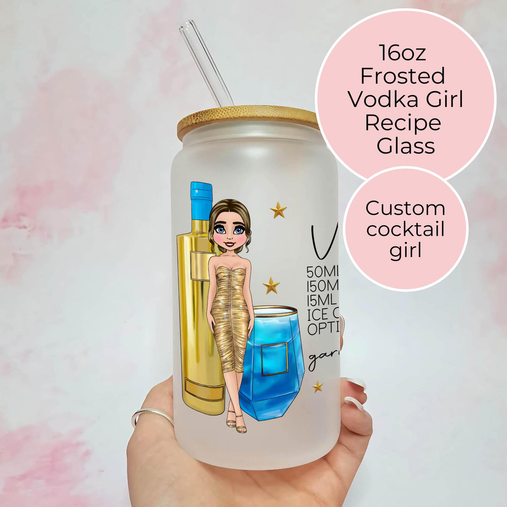 Personalised Vodka Girl Character Glass With Cocktail Recipe, Best Friend Milestone Birthday Gift